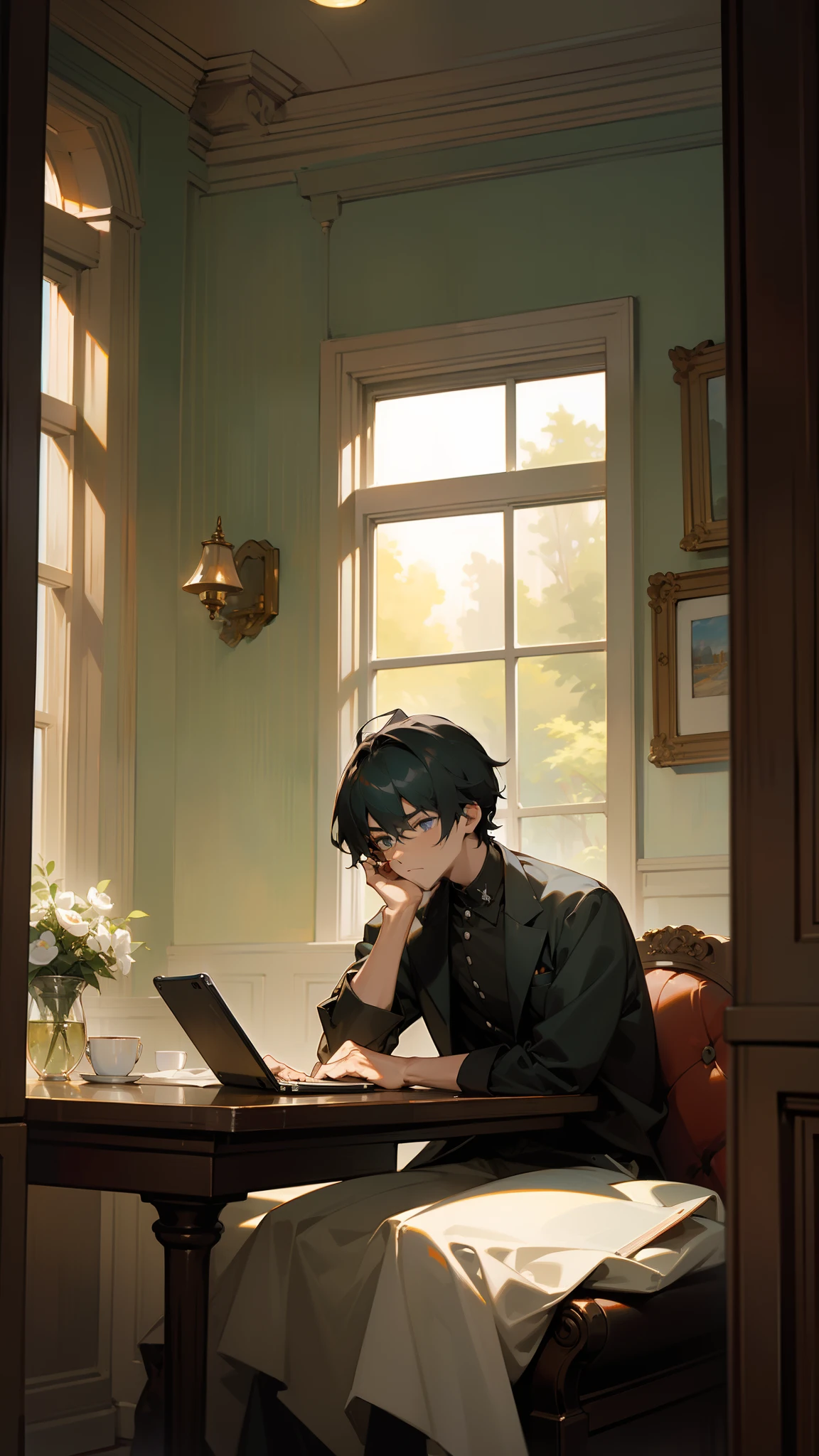 ((Masterpiece,Best quality,modern)), depiction：A man sits at a table，Handheld mobile phone，Type attentively。On the table was a cup of coffee and an open notebook。The room is softly lit，There is a landscape painting on the wall。The man's expression was focused and serious，Seems to be immersed in a conversation with you。