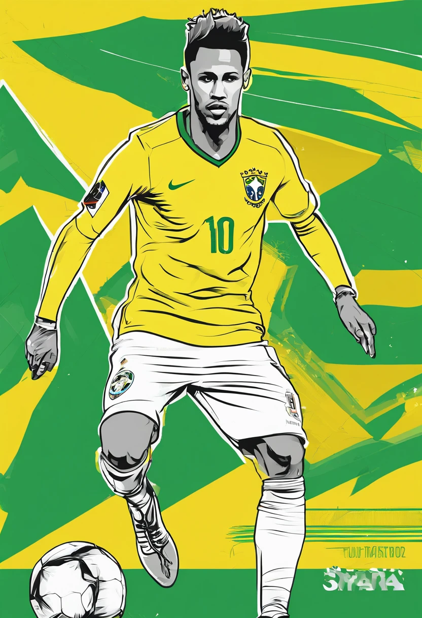 Neymar uniforme do Brasil, stepping with his left foot on top of a ball on a football field , com uma bandeira grande do Brasil ao fundo , estilo 3d