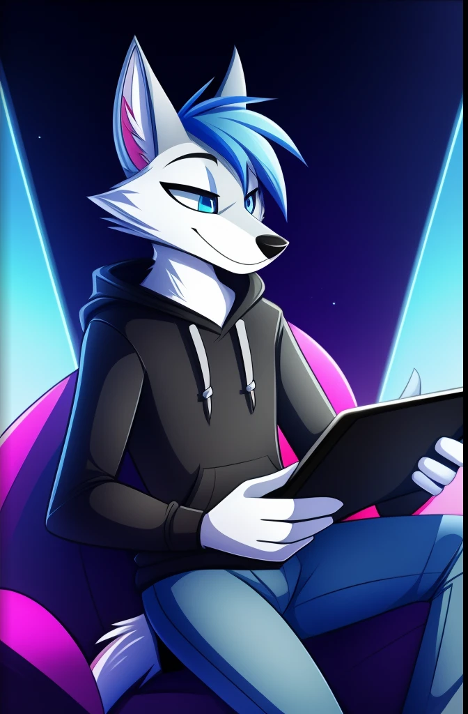 (Vivziepop style), , zoophobia, (by vivzmind), Excellent quality, 1 wolf, slender size, wolf good face, white furr, blue gradient medium hair, blue eyes, wolf, male furry, Anthro, (anthro legs, anthro arms), (gamer outfit), (hoddie blue, grey pants), playing video game, ((tail correct position)), 4k, high resolution.