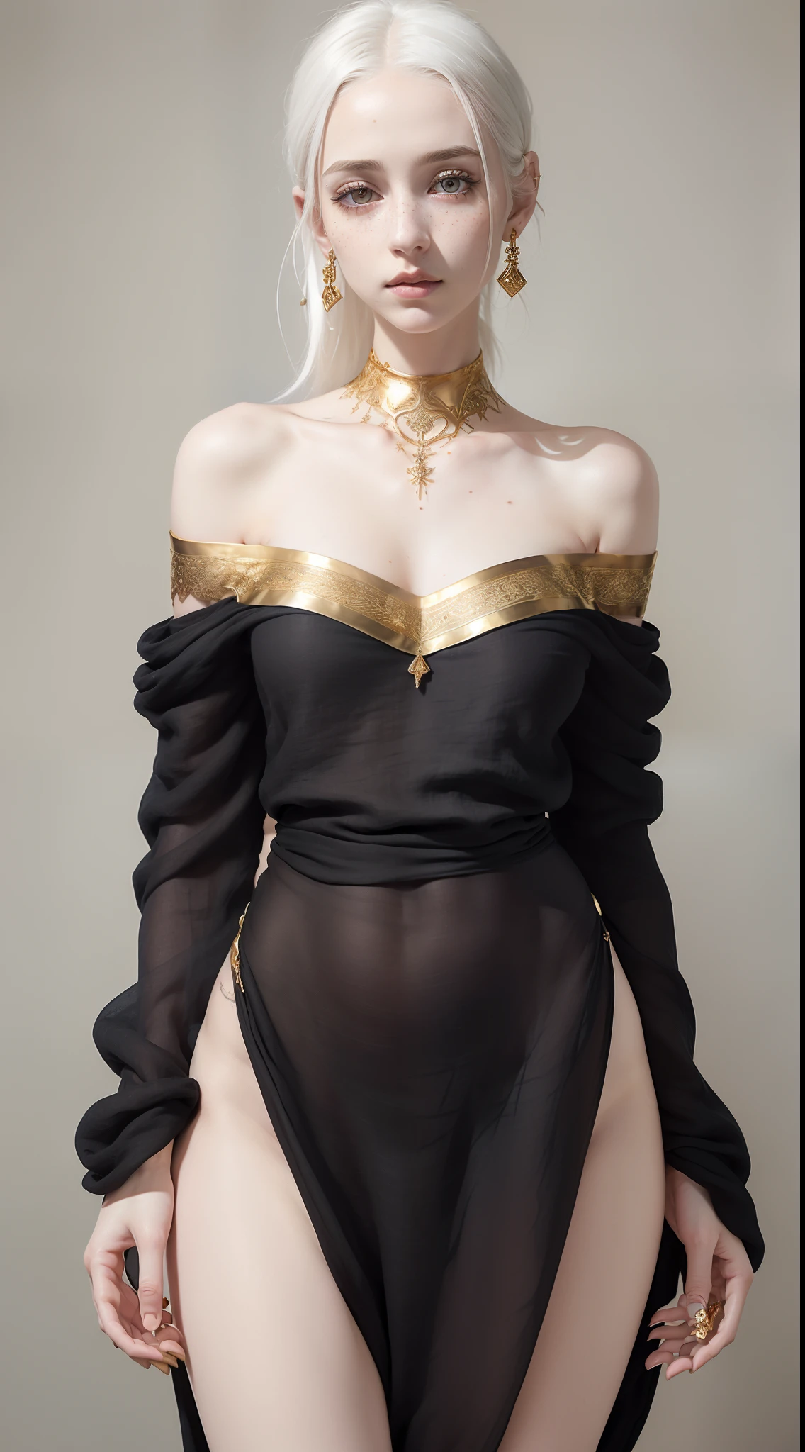 dynamic pose,1girl,pale skin,white hair,delicate face,freckles,intricate details,nose ring,(baggy black linen off shoulder with gold trimmings:1.3,legs tattoos:1.3),(wide thigh gap:1.3,wide thighs:1.3),white background,(best quality:1.2,ultra-detailed,realistic:1.37),portrait,soft colors,polished lighting