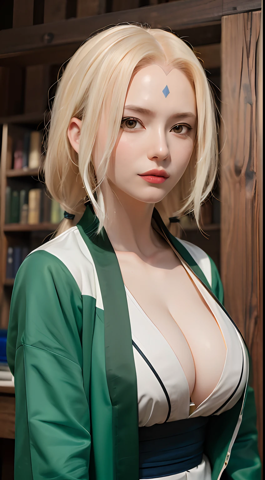 highres, sharp focus, pixiv masterpiece, ((intricate details)), highly detailed,  upper body, 1girl, mature, blonde hair, blue forehead mark, white kimono, green jacket, sash, tsunade_senju, large breast