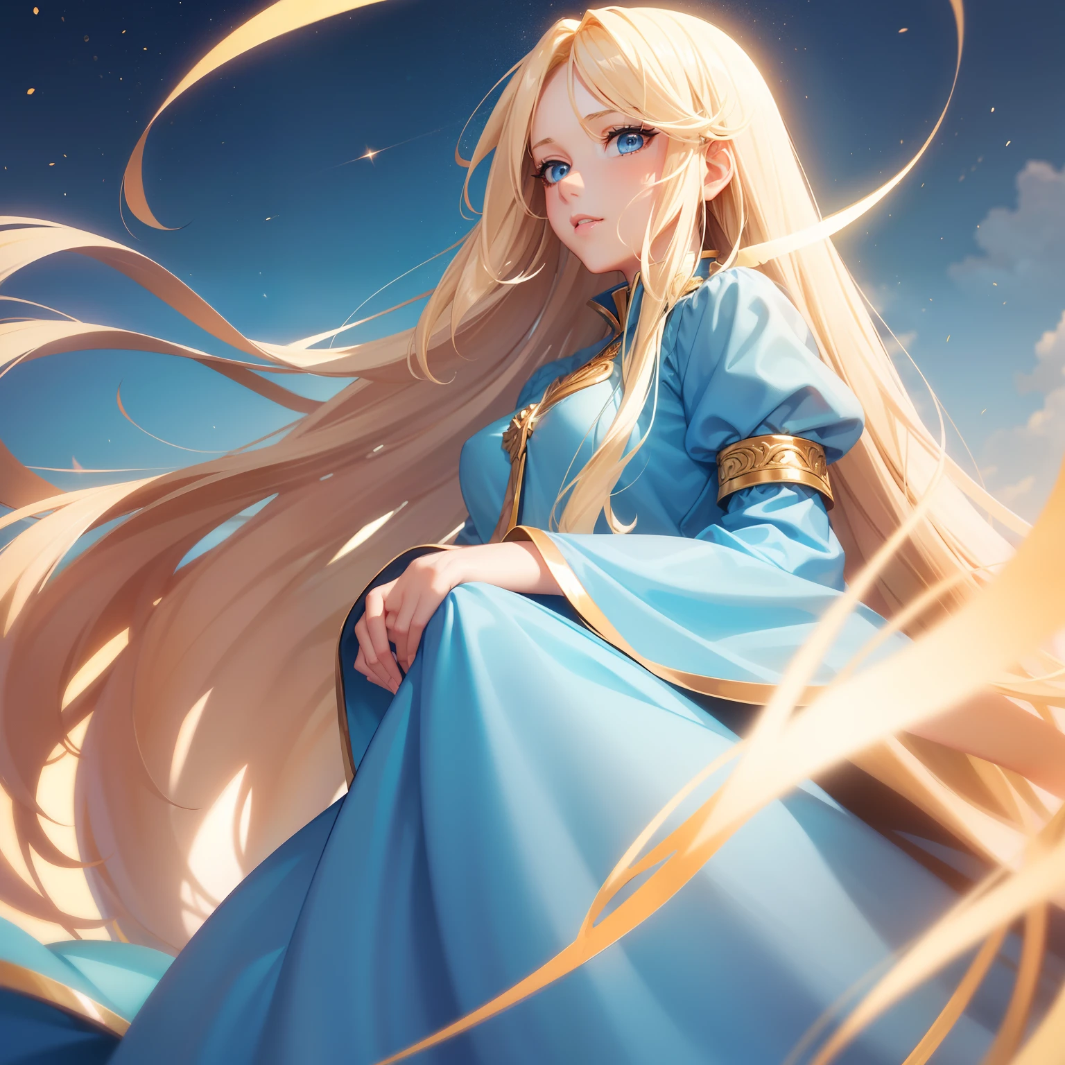 An adult beautiful woman with long blonde hair and sky blue eyes. Angel, surrounded by a golden magical aura, blue and gold clothes