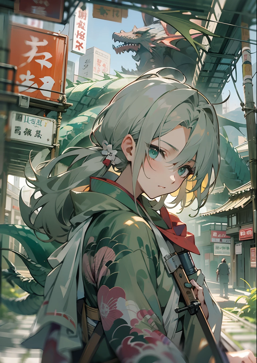 1boy,Man's ,Cyberpunk Boy、silber hair、poneyTail、Sword,machine gun、bow and arrow、Whole body bloody、The beginning of the adventure、(Dragon in the sky:1.5)、Magic Hour with Clouds,ruined and devastated city、Complex Japan buildings、school buildings、temple、shrines、railroad crossing、Bus stop、Trees、Warm lighting、puddles、Good old Japan landscape、Beautiful and fantastic summer landscape、Cinematic scenery、hightquality、masutepiece,8K、hight resolution、ultra-detailliert,