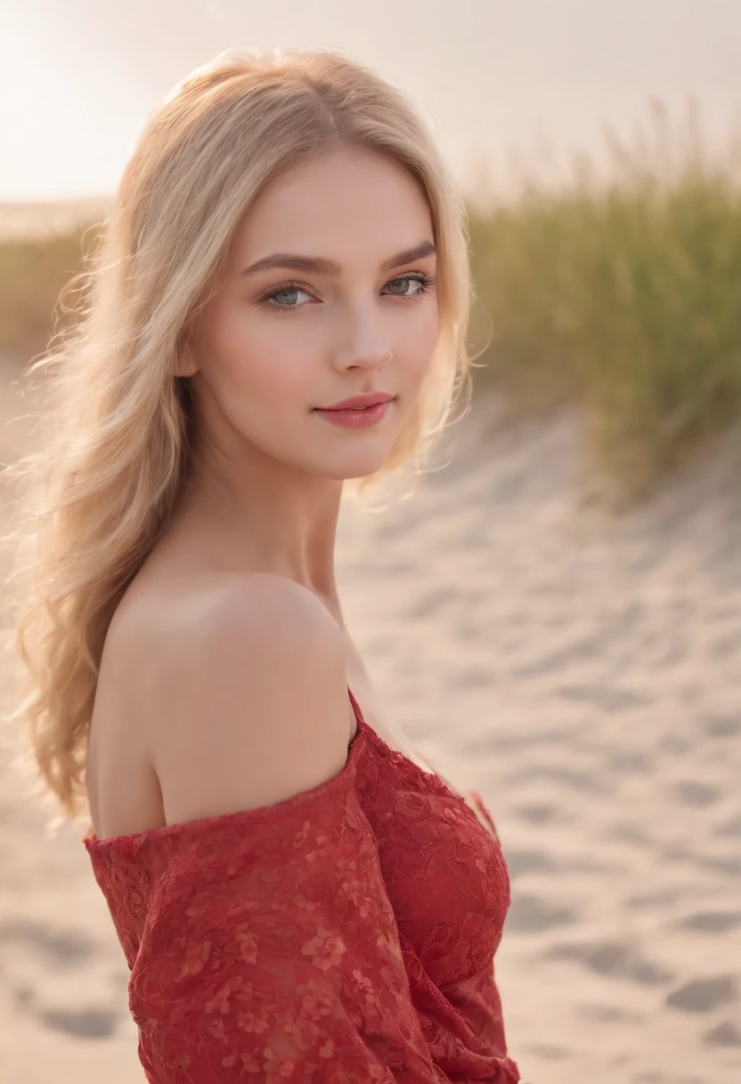 Blonde Hair, green-eyed, wheat-skinned, slim but full body, oval-faced, heart-lipped, small and flat-nosed, curved eyebrows, round and wide hips, 1 smiling girl; super delicate , ((Best Quality, 8k, Masterpiece)); ((Foto RAW)); (large and erect cheast), (realistic, detailed); beachside background, red long dress, full body picture,