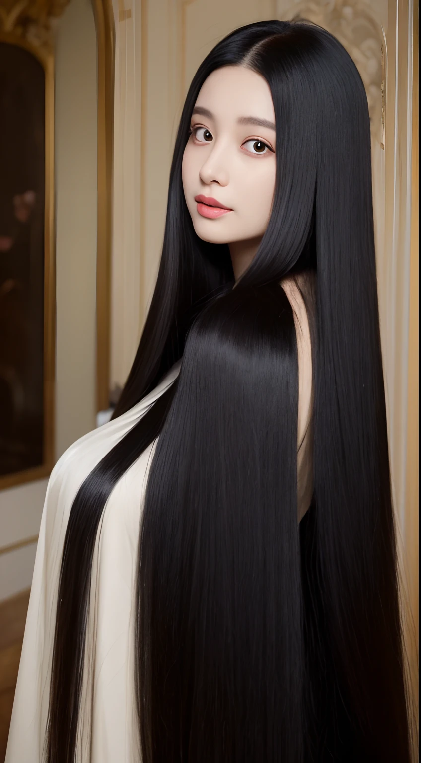 rapunzel silky long black hair, straight hair, long black hair, thick hair, luxurious hair, silky long hair rapunzel,black silky long hair, wide angle, super long hair, very thick hair rapunzel