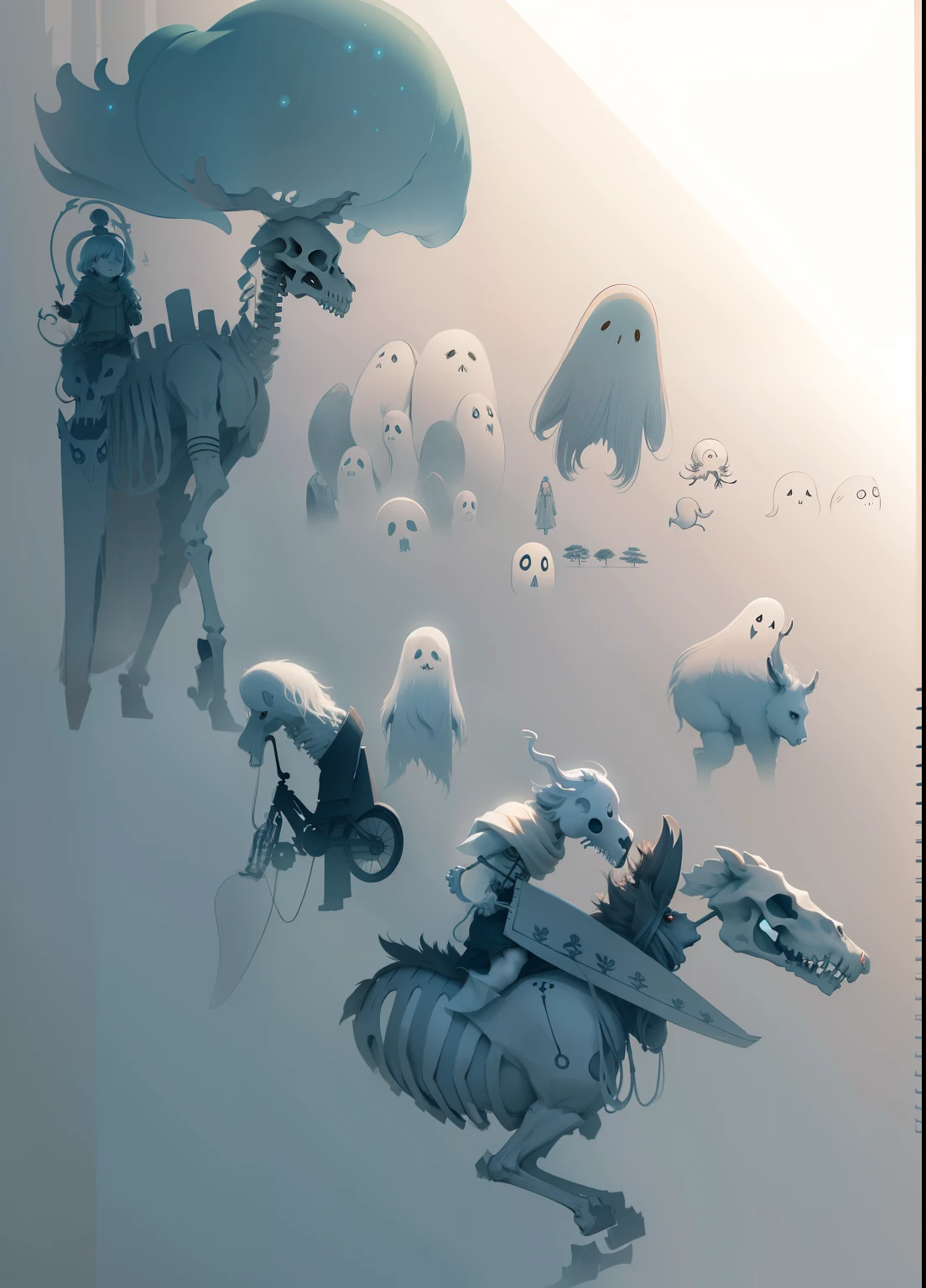 Sketches of a small male ghost, riding a skeleton moose, ghibli spirit, forest spirit, many ghost faces,