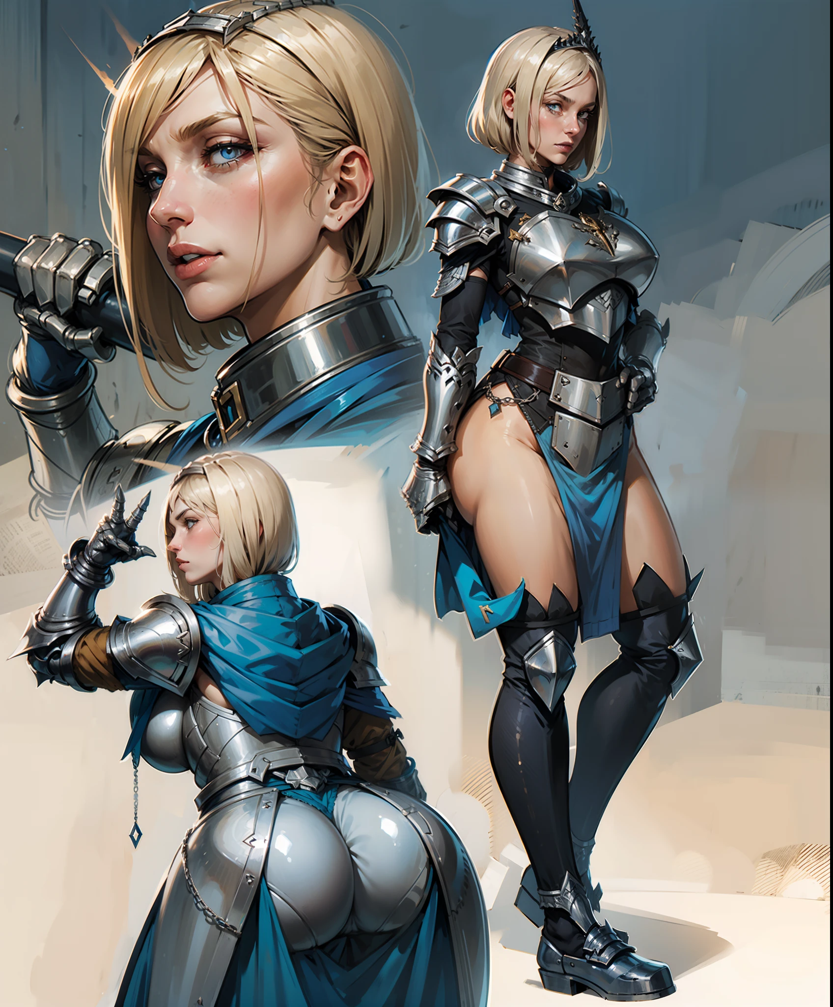 BarghestStage1, 1fille, silver armor, cheveux longs, cheveux blonds, seulement, Gantelets, Pauldrons, shoulder armor, Cornes, cuirasse, chain, gros seins, poitrine, frange, Regarder le spectateur, arme, Faulds, yeux bleus, ,