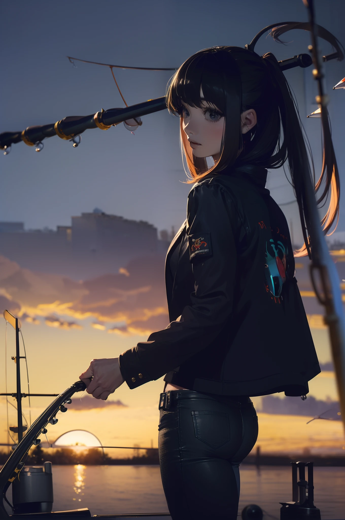 ((((having a fishing rod with a reel by the lakeside:1.5)))),((Female 28 years old)),((Best Quality:1.5)),(((Hands with the correct number and structure of fingers:1.4))),((Big fish:1.37)),hight resolution,ultra-detailliert,masterpiece,best qualtiy,(Eight-headed body),Black hair, long eyes-lashes, Solid Circle Eyes, drop shadow, Atmospheric perspective,Super Detail, ccurate, small brest,(Black jacket and black jeans :1.1),top-quality, blurry backround, bokeh dof:1.2, (masterpiece:1.3), Atmospheric perspective,Super Detail,dynamic compositions,