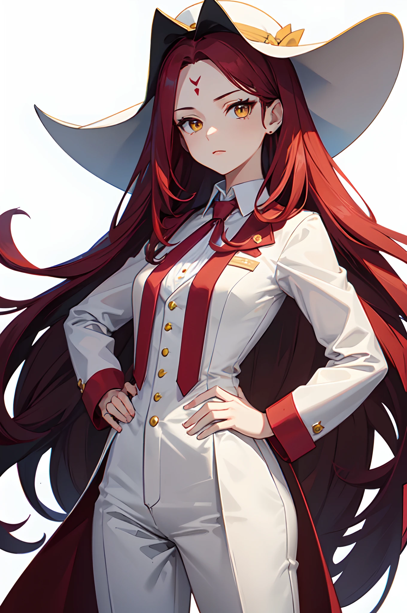masterpiece, best quality, 1girl, solo, looking at viewer, scarlet red hair, ((long hair, forehead)), yellow eyes, medium breasts, neutral, ((wide sunhat)), hands on hips, black cropped jacket, white shirt, button shirt, suit, suit pants, black pants, white background, simple background, transparent background, standing, upper body, portrait