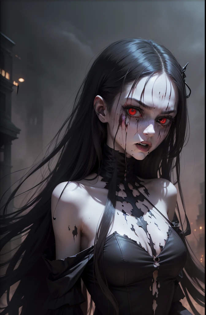(masterpiece), A very pal, almost white, humanoid character hovering above, with red eyes, mad, screaming, her name is, horror, she is creepy, she is scary, shock value, very evil, she is skinny, evoke, fear, terror, dread, decay, disgust, dark, unusually thin, thin, scraggly, emaciated, twisted, frightening, sick, (messy_long_dark_hair), fog, evil eyes, eyes glowing, (she is wearing a black_dress), fall weather, cold, night time, she is in the air, floating, covered in blood, floating above a small town, she is in the air, up in the sky, very evil, 1600s