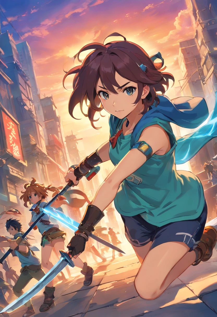 Masterpiece, High quality, Best quality, High detail, Perfect draw, Photos taken from video games,Shows a group of women and men with swords, Official artwork, Detailed cover artwork, key art, promo art, Album art, front cover of a new video game, Enhanced, offcial art, An anime cover, board game cover art, promotional art, Box art, album covers, The cover of the game, battle chasers, Official anime artwork, album covers, High quality face, high quality hand, By mammals_Style, anime big breast, tchibi, Final Fantasy, final fantasy tactics, battle chasers, roleplaying, fantasy RPG