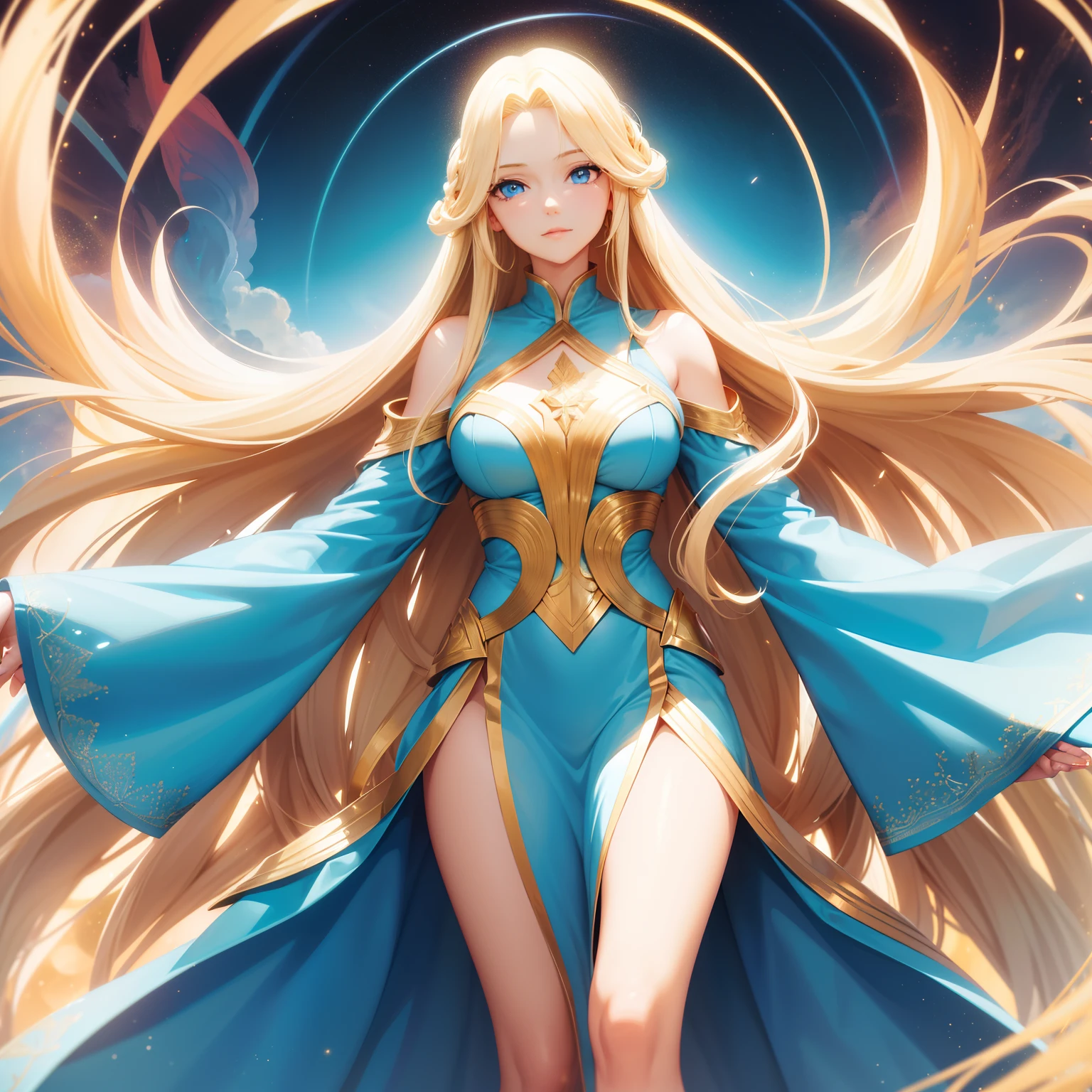 An adult beautiful woman with long blonde hair and sky blue eyes. Angel, surrounded by a golden magical aura, blue and gold clothes, adult face and shape, mysterious, ancient