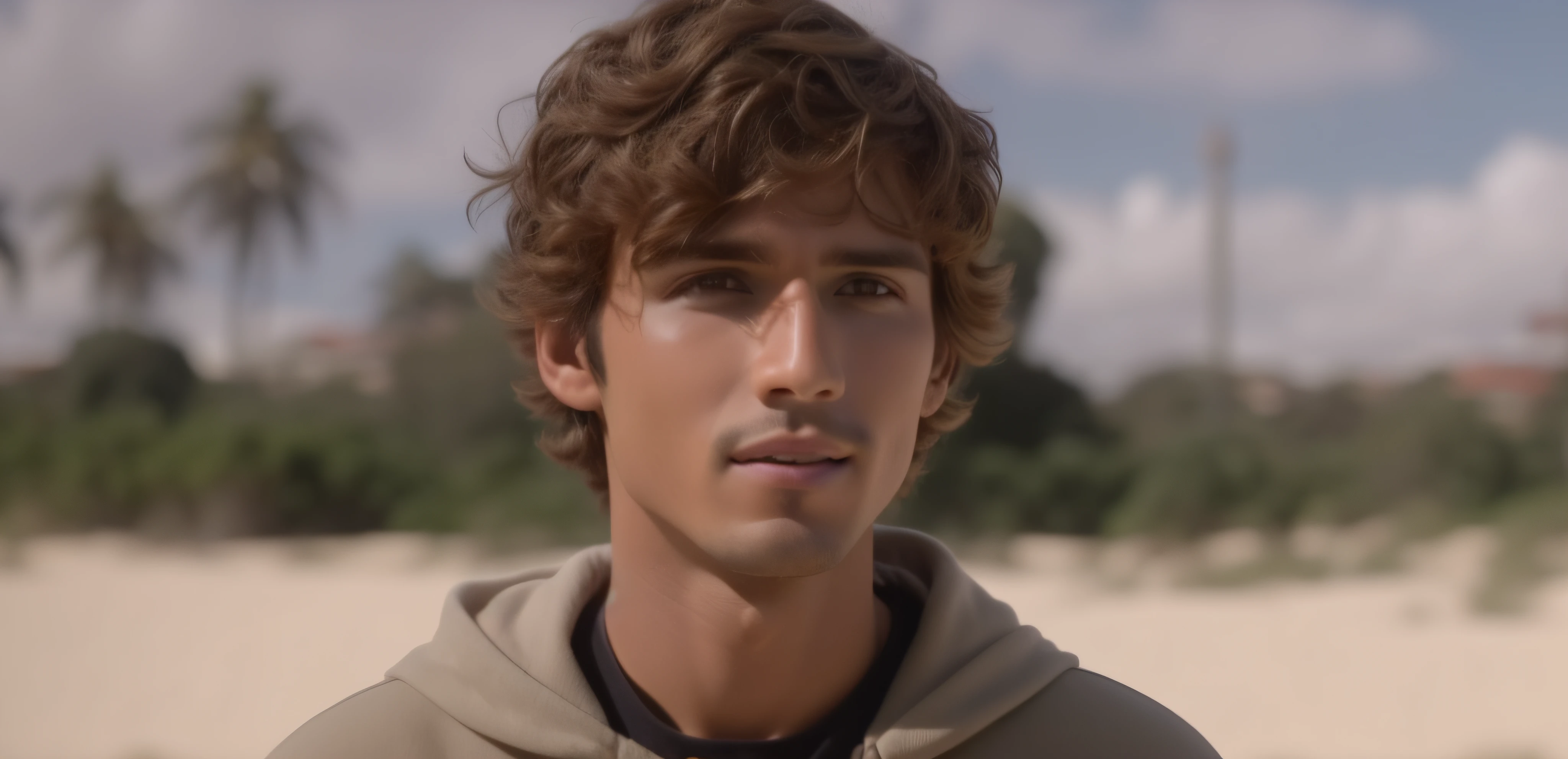 um close up de um garoto com capuz marrom, Morgan davies , ele tem cabelos castanhos medios e cacheados, menino bonito , serie the end globo play ,roslo levemente afeminado , homen trans , sem barba