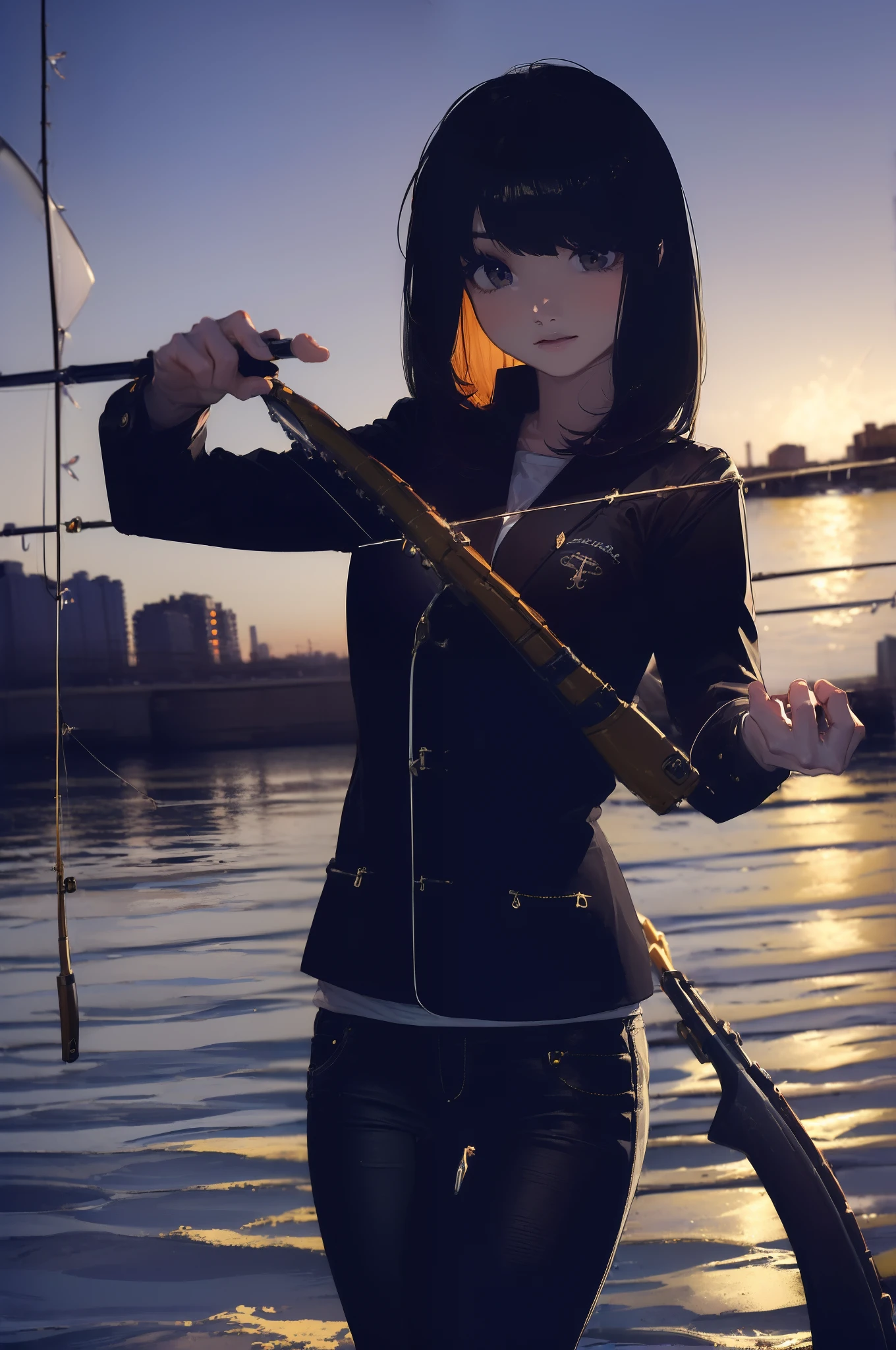 ((((having a fishing rod with a reel by the lakeside:1.5)))),((Female 28 years old)),((Best Quality:1.5)),(((Hands with the correct number and structure of fingers:1.4))),((Big fish:1.37)),hight resolution,ultra-detailliert,masterpiece,best qualtiy,(Eight-headed body),Black hair, long eyes-lashes, Solid Circle Eyes, drop shadow, Atmospheric perspective,Super Detail, ccurate, small brest,(Black jacket and black jeans :1.1),top-quality, blurry backround, bokeh dof:1.2, (masterpiece:1.3), Atmospheric perspective,Super Detail,dynamic compositions,