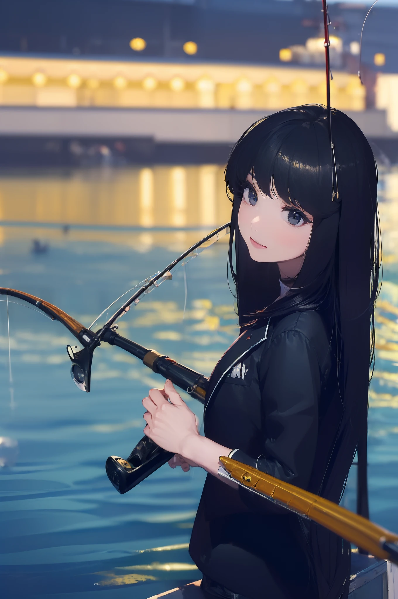 ((((having a fishing rod with a reel by the lakeside:1.5)))),((Female 28 years old)),((Best Quality:1.5)),(((Hands with the correct number and structure of fingers:1.4))),((Big fish:1.37)),hight resolution,ultra-detailliert,masterpiece,best qualtiy,(Eight-headed body),Black hair, long eyes-lashes, Solid Circle Eyes, drop shadow, Atmospheric perspective,Super Detail, ccurate, small brest,(Black jacket and black jeans :1.1),top-quality, blurry backround, bokeh dof:1.2, (masterpiece:1.3), Atmospheric perspective,Super Detail,dynamic compositions,