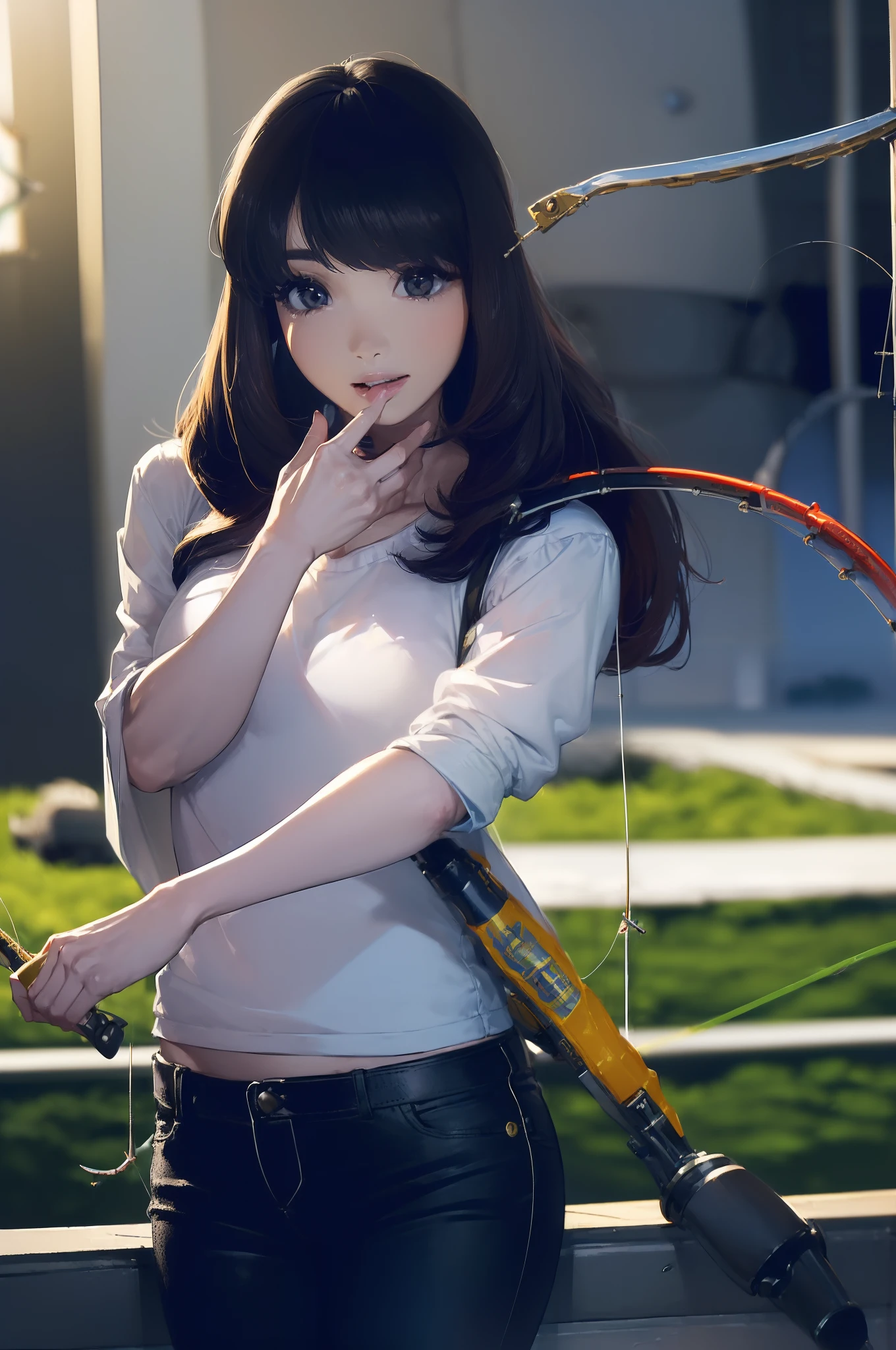 ((((having a fishing rod with a reel by the lakeside:1.5)))),((Female 28 years old)),((Best Quality:1.5)),(((Hands with the correct number and structure of fingers:1.4))),((Big fish:1.37)),hight resolution,ultra-detailliert,​masterpiece,best qualtiy,(Eight-headed body),Black hair, long eyes-lashes, Solid Circle Eyes, drop shadow, Atmospheric perspective,Super Detail, ccurate, small brest,(Black jacket and black jeans :1.1),top-quality, blurry backround, bokeh dof:1.2, (​masterpiece:1.3), Atmospheric perspective,Super Detail,dynamic compositions,