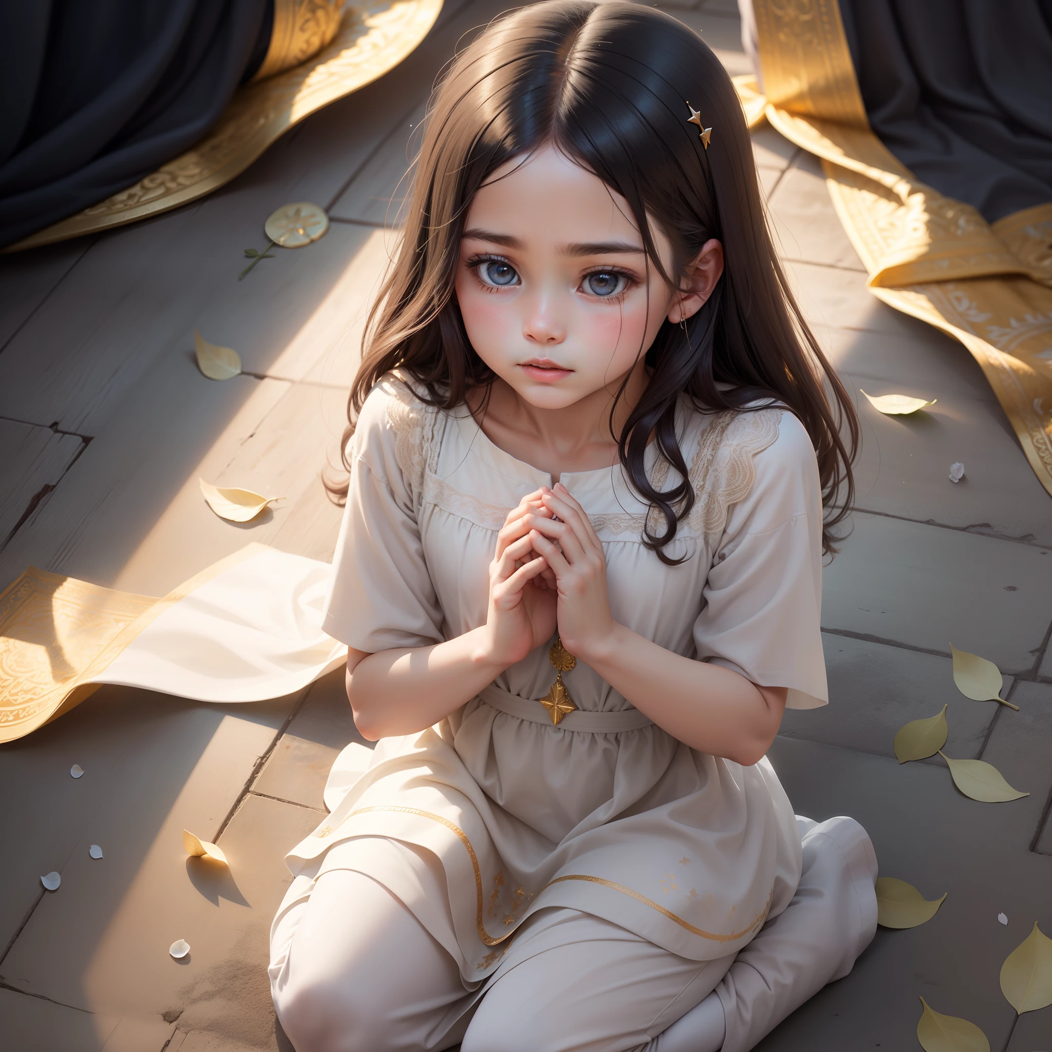 Crie uma imagem poderosa e emocionalmente carregada, em estilo de colagem ultra realista, depicting Jesus standing behind a on his knees, in a position of prayer. Detail the delicate features of Jesus' face, with gentle eyes and calm expression, irradiando uma aura divina. the childh hands clasped together and head tilted slightly, demonstrates devotion and faith. Add symbolic elements, como uma luz suave emanando de Jesus, representing his divine presence, and flower petals falling from the sky, symbolizing the blessings poured out on the child. Theground can be composed of a celestial scenery, com estrelas brilhantes e nuvens suaves, conveying a sense of peace and spiritual connection.