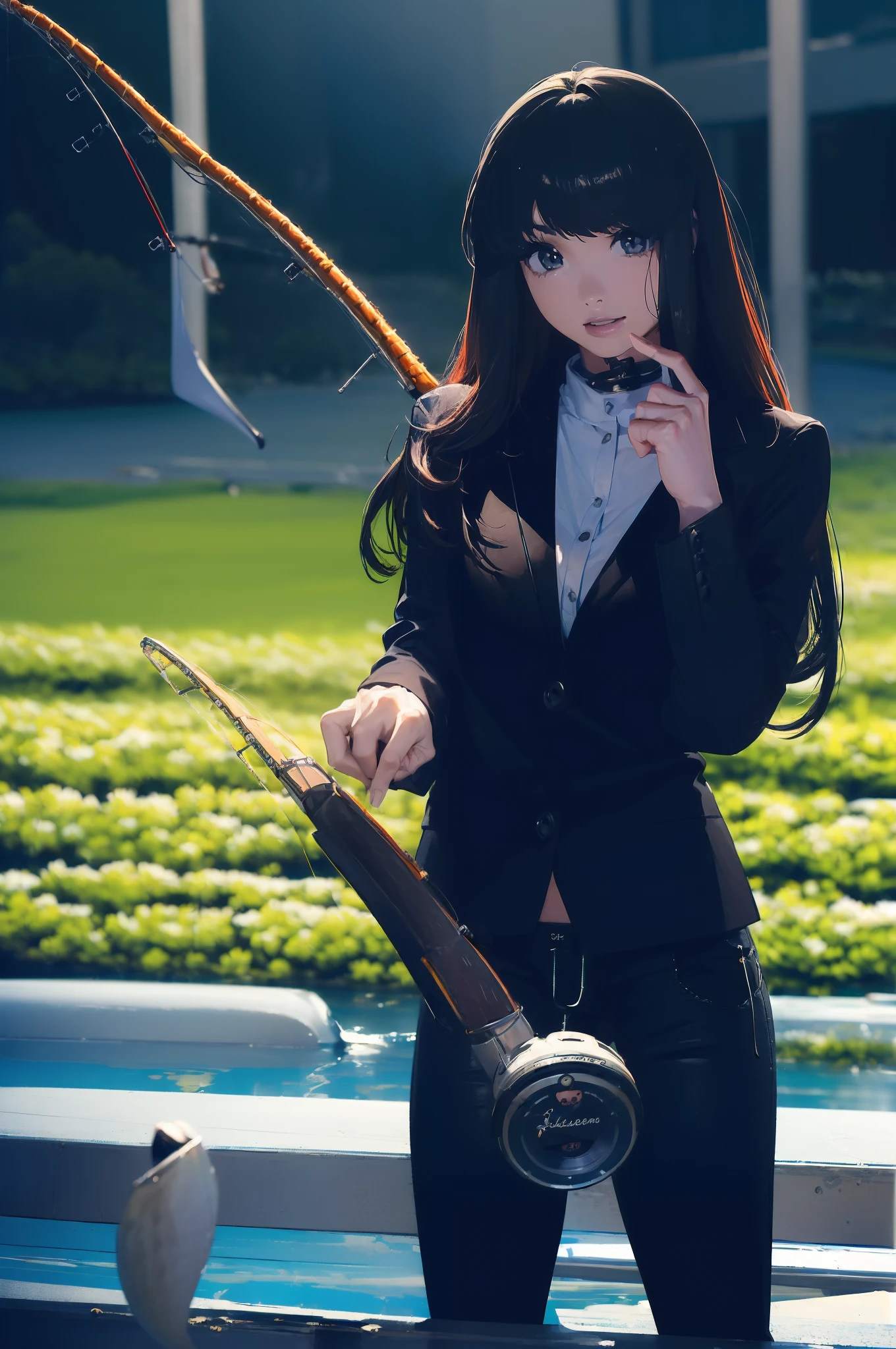 ((((having a fishing rod with a reel by the lakeside:1.5)))),((Female 28 years old)),((Best Quality:1.5)),(((Hands with the correct number and structure of fingers:1.4))),((Big fish:1.37)),hight resolution,ultra-detailliert,​masterpiece,best qualtiy,(Eight-headed body),Black hair, long eyes-lashes, Solid Circle Eyes, drop shadow, Atmospheric perspective,Super Detail, ccurate, small brest,(Black jacket and black jeans :1.1),top-quality, blurry backround, bokeh dof:1.2, (​masterpiece:1.3), Atmospheric perspective,Super Detail,dynamic compositions,