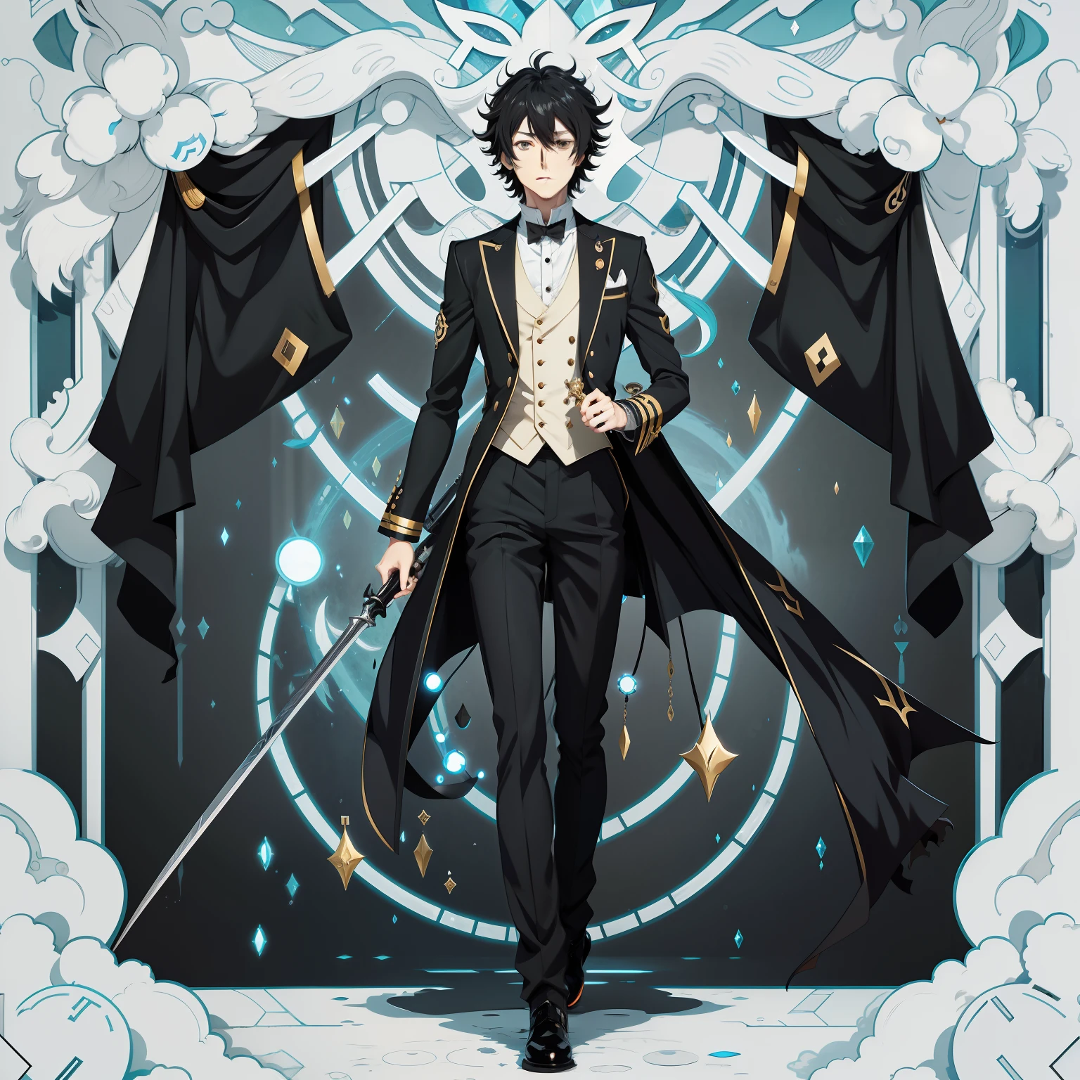 Anime figure，Black hair，hajime yatate, inspired by Okumura Togyu, neferpitou, Short black hair, nagito komaeda, From Arknights, male anime character, Tall anime guy with blue eyes, Squint, ssmile， Anime figure， Bowing， Butler costume