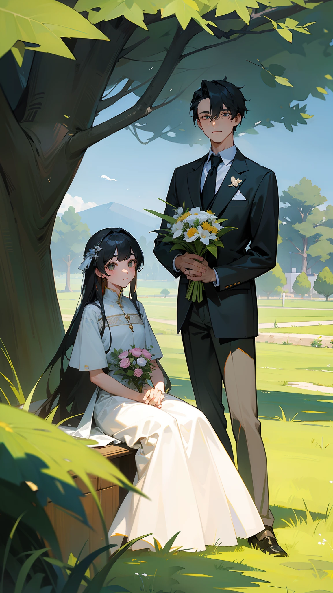 ((Masterpiece,Best quality,modern)), There is a wide grassland in the picture，The sun shines on it。In a corner of the steppe，There is a tall oak tree，Its foliage is luxuriant，It gives a sense of stability and serenity。Under the tree，There was a pair of young men sitting together，They looked at each other，The eyes reveal a deep love。They also had a bouquet of flowers beside them，It seems to be a gift from one of them to the other。