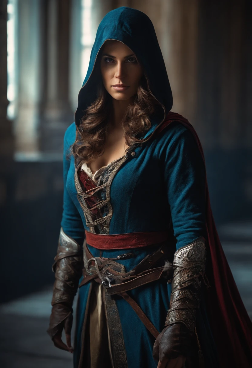uma mulher com roupas estilo assassins creed, cabelos de cor preta, olhos azuis, com um olhar misterioso