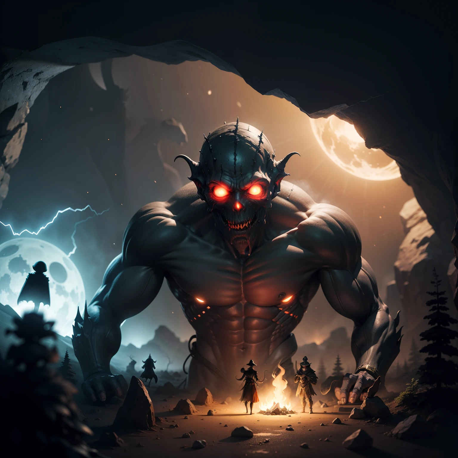 Create a surreal image of an underground cave lit by distant starlight, with ghoulish beings made of cosmic dust emerging from the shadows.