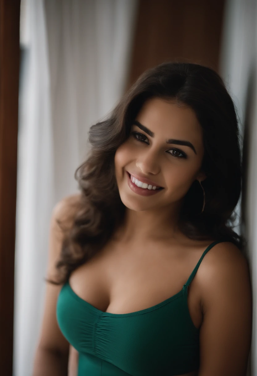 Please describe in detail a high-quality image of a 19-year-old Latina girl living in Bogotá. In the image, the girl wears a smiling and authentic expression in her room. His green eyes shine with a special charm. She wears an outfit that highlights her curves, including a neckline that highlights her generous breasts. Her long, silky hair falls elegantly to her shoulders. The image captures the beauty and confidence of this young woman in her personal environment in Bogotá, she has large breasts, wears a neckline, her hair is red and she is taking a picture in the mirror,