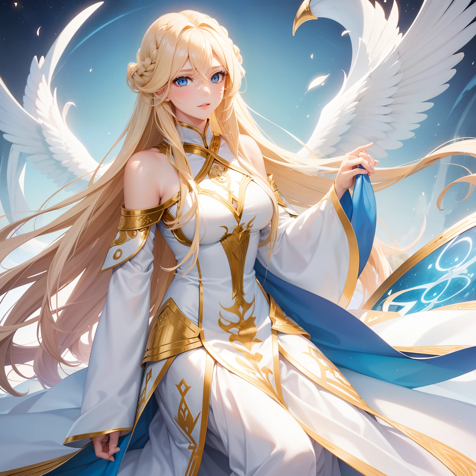 An adult beautiful woman with long blonde hair and sky blue eyes. Angel, surrounded by a golden magical aura, white  and gold clothes, adult face and shape, mysterious and ancient outfit serafin, curly hair, breathtaking