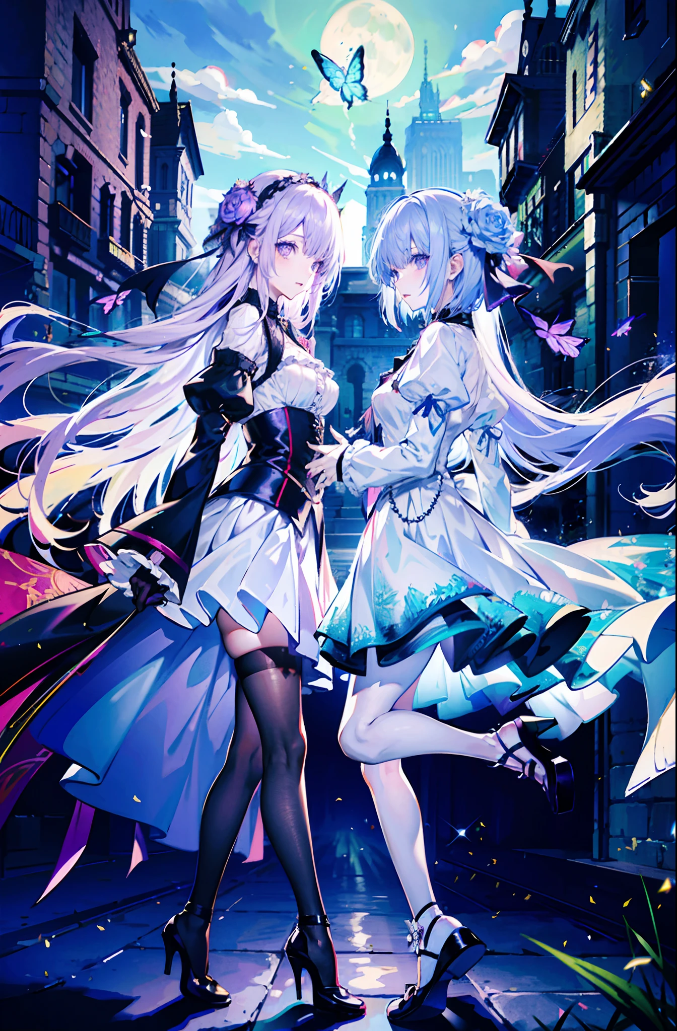 ((On the streets of the Middle Ages，2 girls，Twin sisters))，silber hair，butterflys，long whitr hair，8k wallpaper，detailedbackground，Highest high resolution，deep v big breasts，Hair over eyes，Bandeau，Purple roses，tight-fitting，themoon，stocklings，
