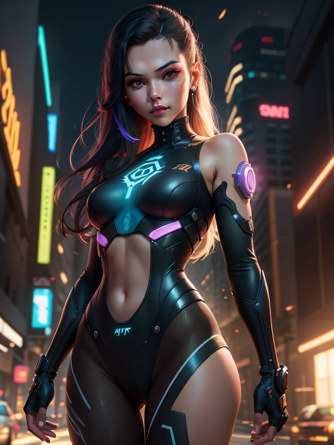 Linda garota de corpo inteiro cyberpunk Netrunner Por Artgerm e WLOP e Ilya Kuvshinov e RHADS e Loish e Rossdraws. Belo rosto detalhado. Sombreamento perfeito, soft studio lighting, ultra realista, fotorrealista, octane rendering, cinematic lighthing, hdr, 4k, 8k, edgelighting