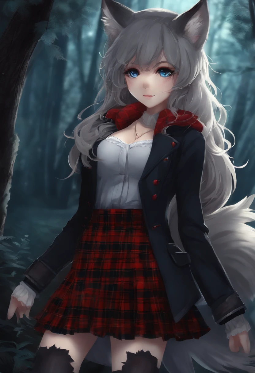 Anime wolf girl with white red plaid skirt blue eyes in a dark forest black jacket fluffy tail