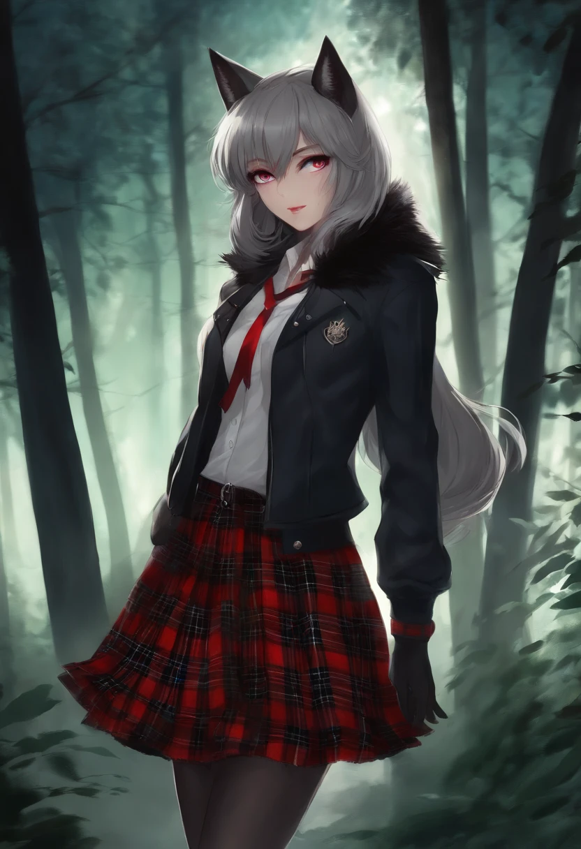 Anime wolf girl with white red plaid skirt blue eyes in a dark forest black jacket fluffy tail