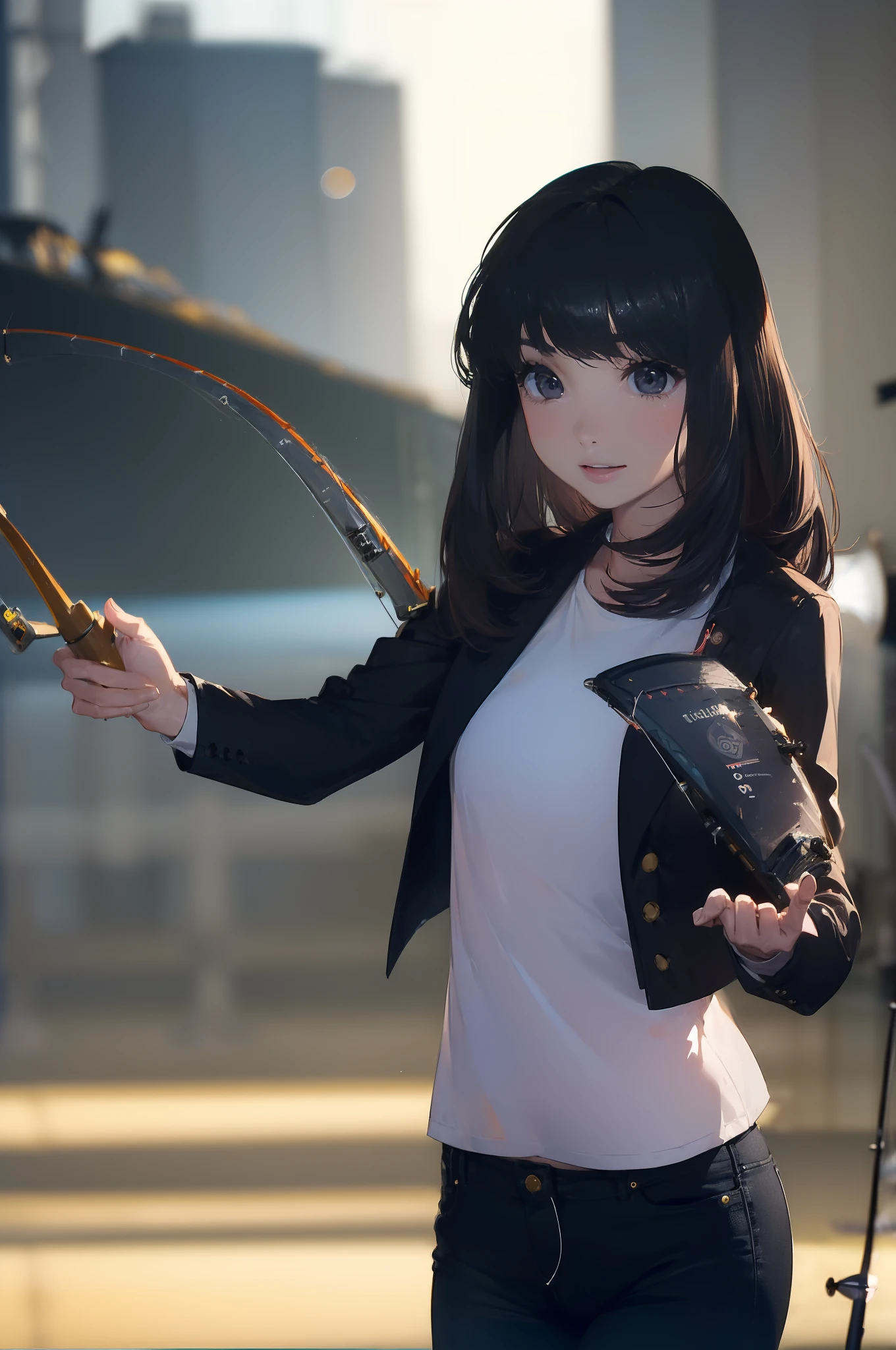 ((((having a fishing rod with a reel by the lakeside:1.5)))),((Female 28 years old)),((Best Quality:1.5)),(((Hands with the correct number and structure of fingers:1.4))),((Big fish:1.37)),hight resolution,ultra-detailliert,​masterpiece,best qualtiy,(Eight-headed body),Black hair, long eyes-lashes, Solid Circle Eyes, drop shadow, Atmospheric perspective,Super Detail, ccurate, small brest,(Black jacket and black jeans :1.1),top-quality, blurry backround, bokeh dof:1.2, (​masterpiece:1.3), Atmospheric perspective,Super Detail,dynamic compositions,