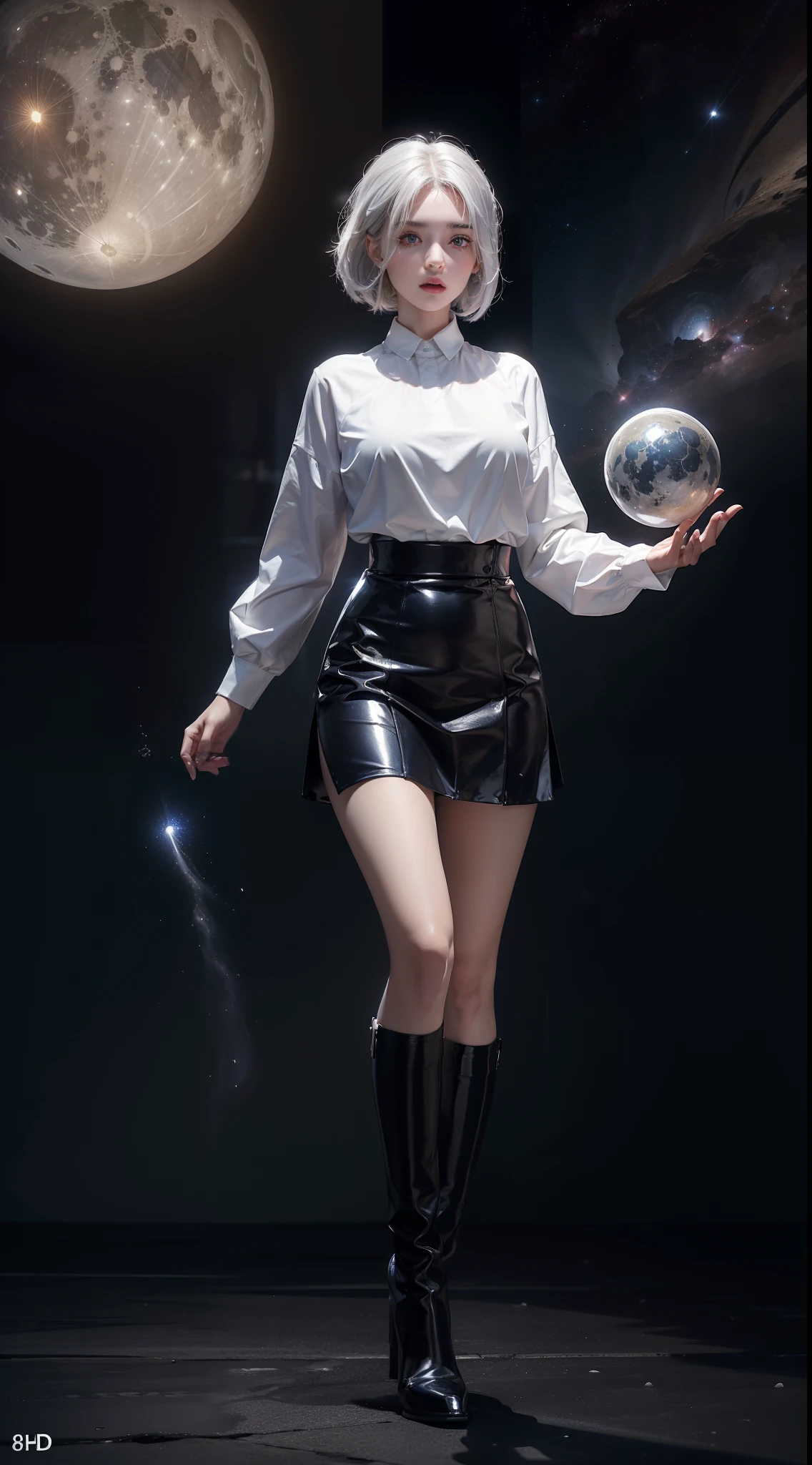 (((UHD))), (((masterpiece))), (((8k))), (((highres))), (((Surrealism))), (((cinematic lighting))), god rays, zoom layer, (((fullbody shot))), f/4.0, Canon, shiny skin,detailed skin,detailed face, detailed eyes, a 22yo woman, super android 18 from dragon ball z, shooting huge energy ball, raised right arm, a form beyond the artificial android, with silver hair, shining red eyes, metallic luster, astounding speed, emitting energy, and a cold, calculating presence, beautiful face, navy pleated skirt, white open blouse, shooting star, milky way, mist, full moon