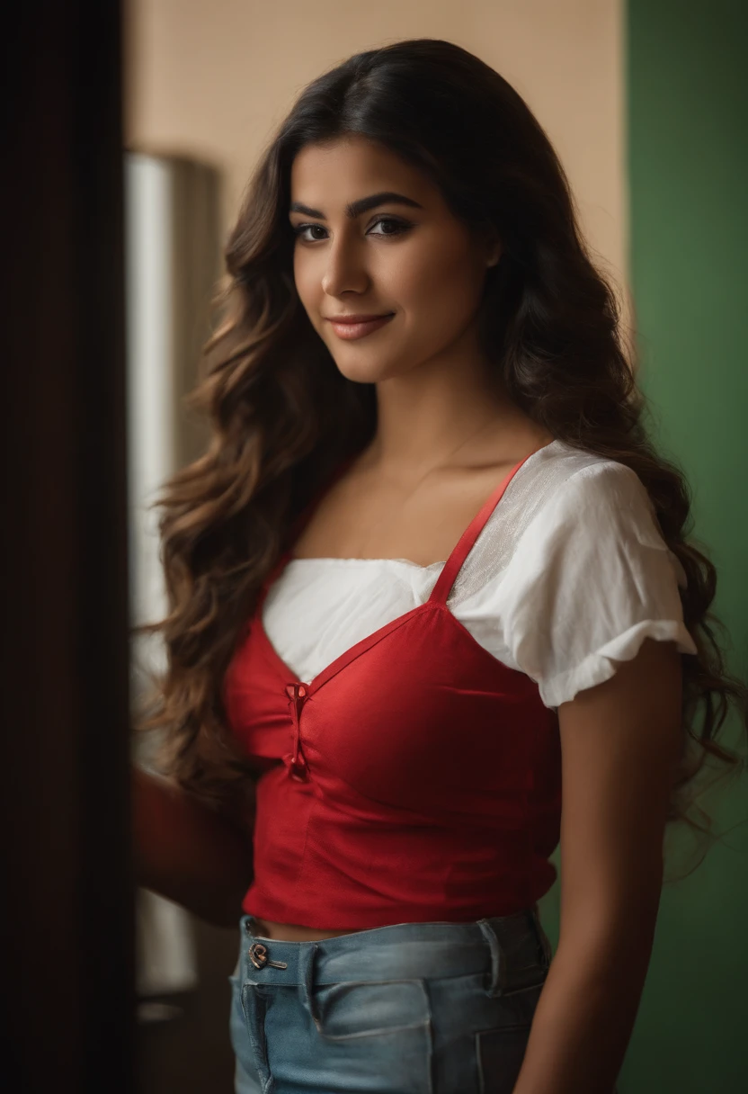 high-quality image of a 19-year-old Latina girl living in Bogotá. In the image, the girl wears a smiling and authentic expression in her room. His green eyes shine with a special charm. She wears an outfit that highlights her curves, including a neckline that highlights her generous breasts. Her long, silky hair falls elegantly to her shoulders. The image captures the beauty and confidence of this young woman in her personal environment in Bogotá, she has large breasts, wears a neckline, her hair is red and she is taking a picture in the mirror