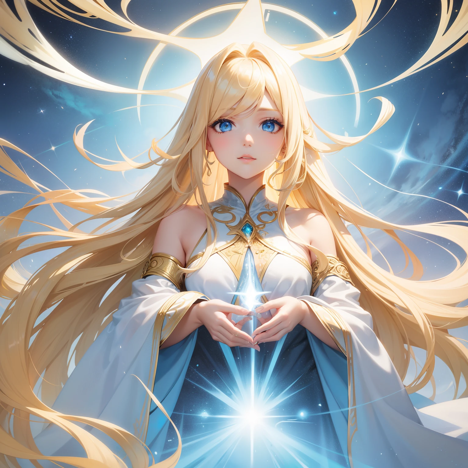 An adult beautiful woman with long blonde hair and sky blue eyes. Angel, surrounded by a golden magical aura, white and gold clothes, adult face and shape, mysterious and ancient outfit serafin, curly hair, breathtaking, angelic shape eyes