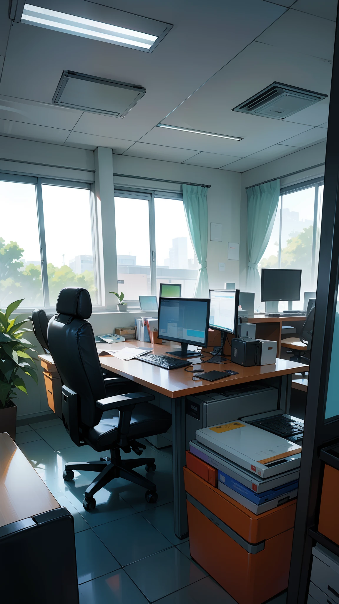 ((Masterpiece,Best quality,modern)), ,Don't forget to stop and take a break too。In a spacious and bright office,You can see a workaholic sitting at his desk,full of sweat,Hands are scrambling with various documents and electronic equipment。The desk was piled up with folders and files,A computer screen next to it displays a complex chart of data。An inspirational quote hangs on the walls of the office,A reminder for workaholics to persevere。Air conditioning was turned on in the room,Keep the entire space at a comfortable temperature。Transparent glass through the window,You can see the sun shining on the tree-lined garden,The breeze rustles the leaves。The image conveys a busy yet energetic atmosphere,It also reminds people to pay attention to their physical and mental health。