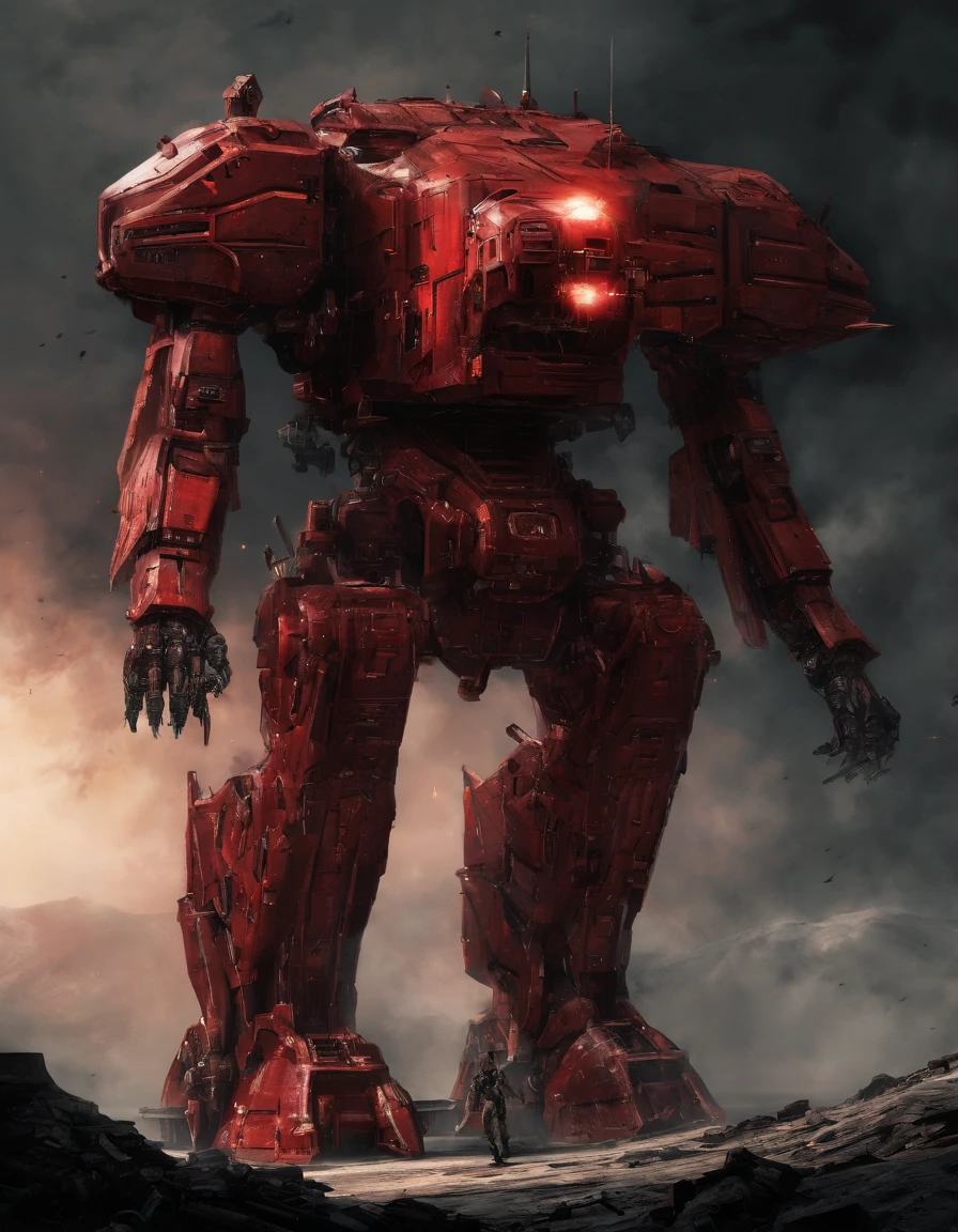 battletech style dragon [giant robot], (spherical shapes:1.1), (big guns), (red color and (gold:1.4) vivid colors:1.5), red glowning headlights, chrome-plated metal, background: spacious spaceship hangar, (masterpiece), sci-fi art