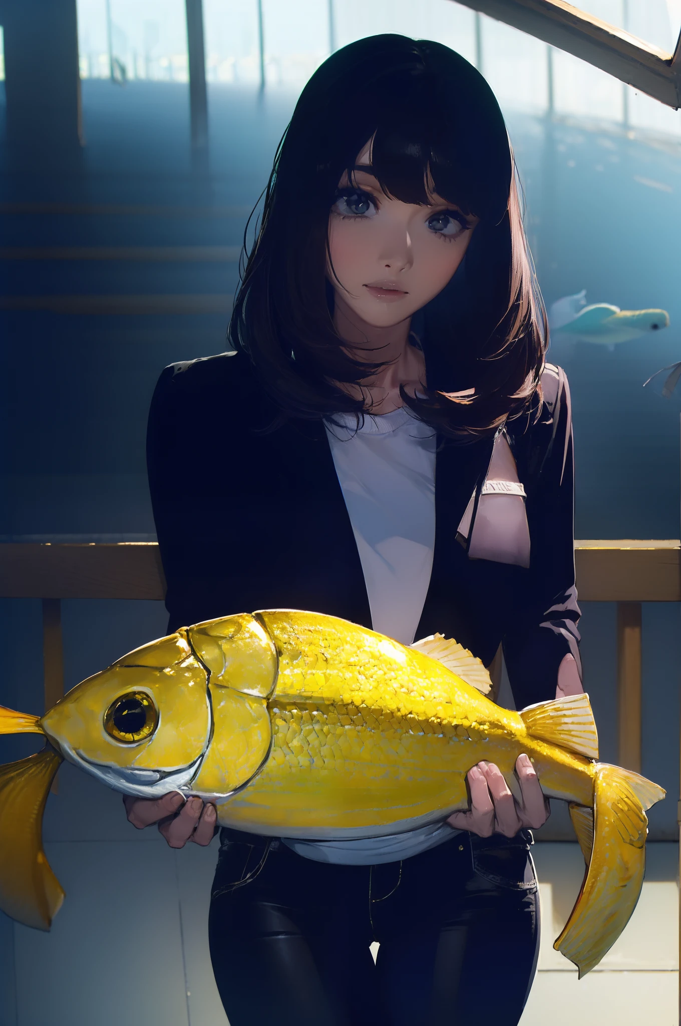 ((((catching a big fish by the lakeside:1.5)))),((Female 28 years old)),((Best Quality:1.5)),(((Hands with the correct number and structure of fingers:1.4))),((Big fish:1.37)),hight resolution,ultra-detailliert,​masterpiece,best qualtiy,(Eight-headed body),Black hair, long eyes-lashes, Solid Circle Eyes, drop shadow, Atmospheric perspective,Super Detail, ccurate, middle brest,(Black jacket and black jeans :1.1),top-quality, blurry backround, bokeh dof:1.2, (​masterpiece:1.3),  Atmospheric perspective,Super Detail,dynamic compositions,