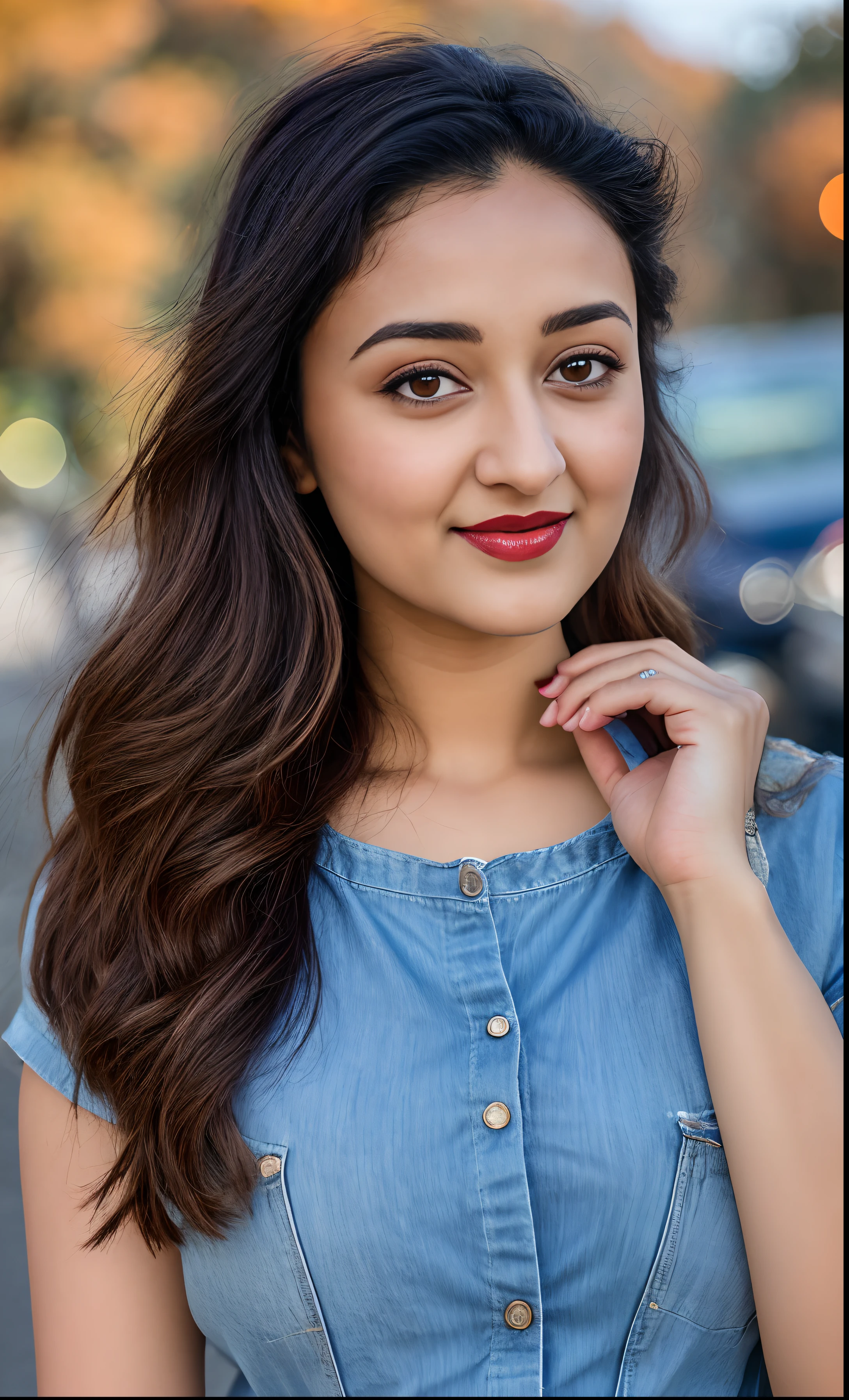 photo portrait of Neha Shetty, wearing blue tip, outside on a sunny autumn day, looking at viewer, lense flare, (realistic eyes, symmetric face:0.8) (masterpiece:1.2) (photorealistic:1.2) (bokeh) (best quality) (detailed skin) (intricate) (8k) (HDR) (cinematic lighting) (sharp focus), big breast, big natural lips, dark red lips, sparkling day dreams eyes.