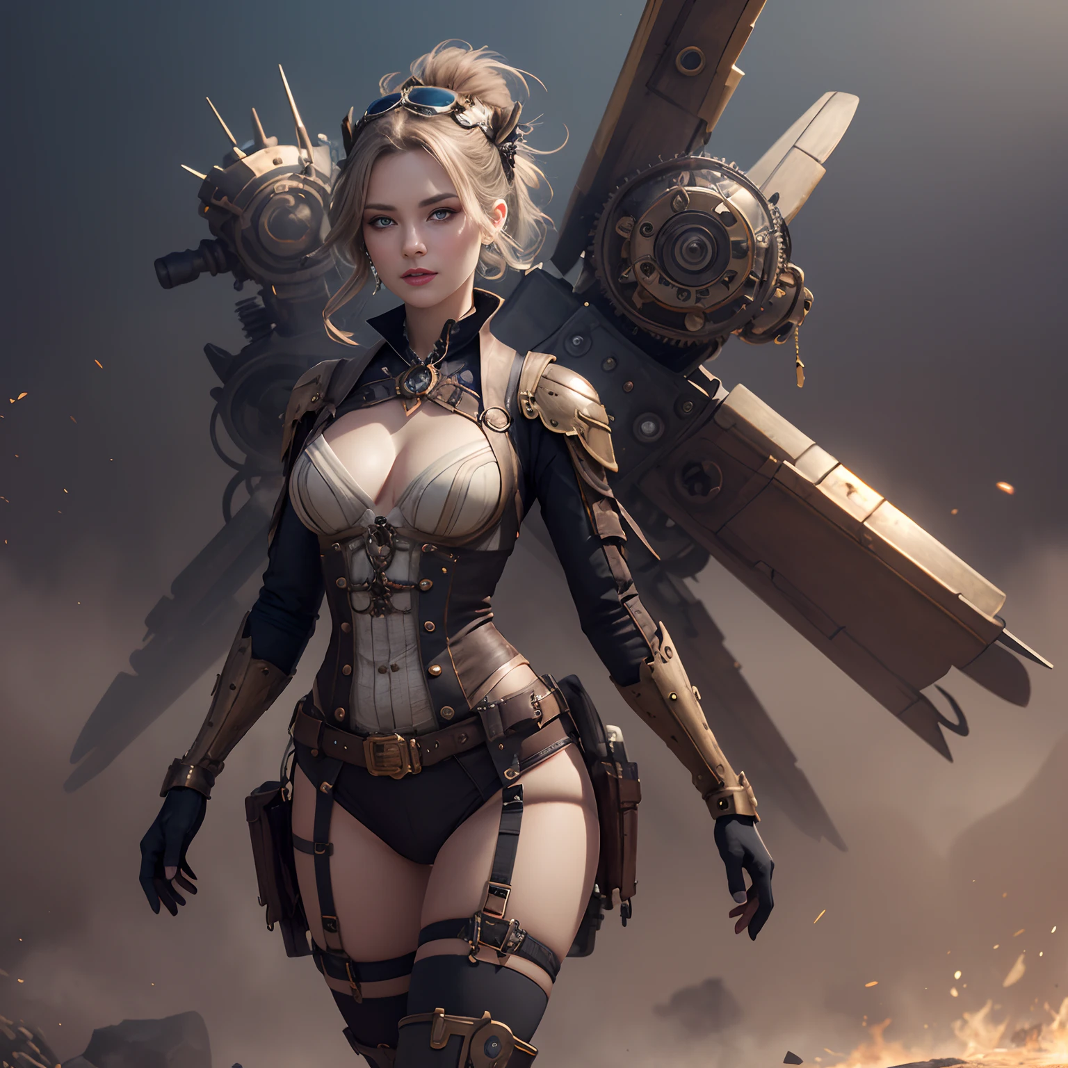 American Shot, Beautiful Steampunk Girl, Steampunk Fantasy, Front View, (Looking At Camera), A Beautiful Steampunk Goddess, (Small Chest), Small Hips, Walking Towards Camera, Steampunk Digital Art, Mechanized Valkyrie Girl