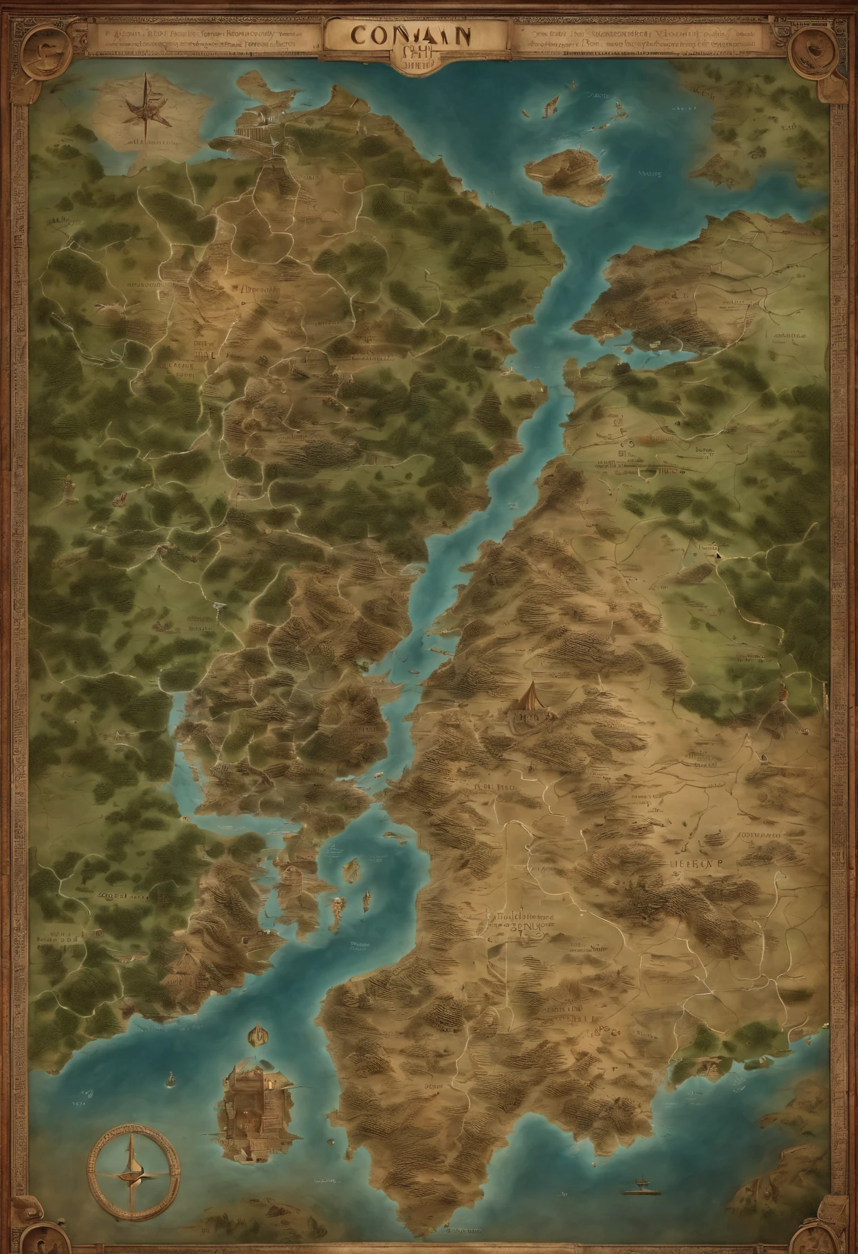 Mapa hiper-realista da Era Hiboriana de Conan,todos continente hiboriano em 3d