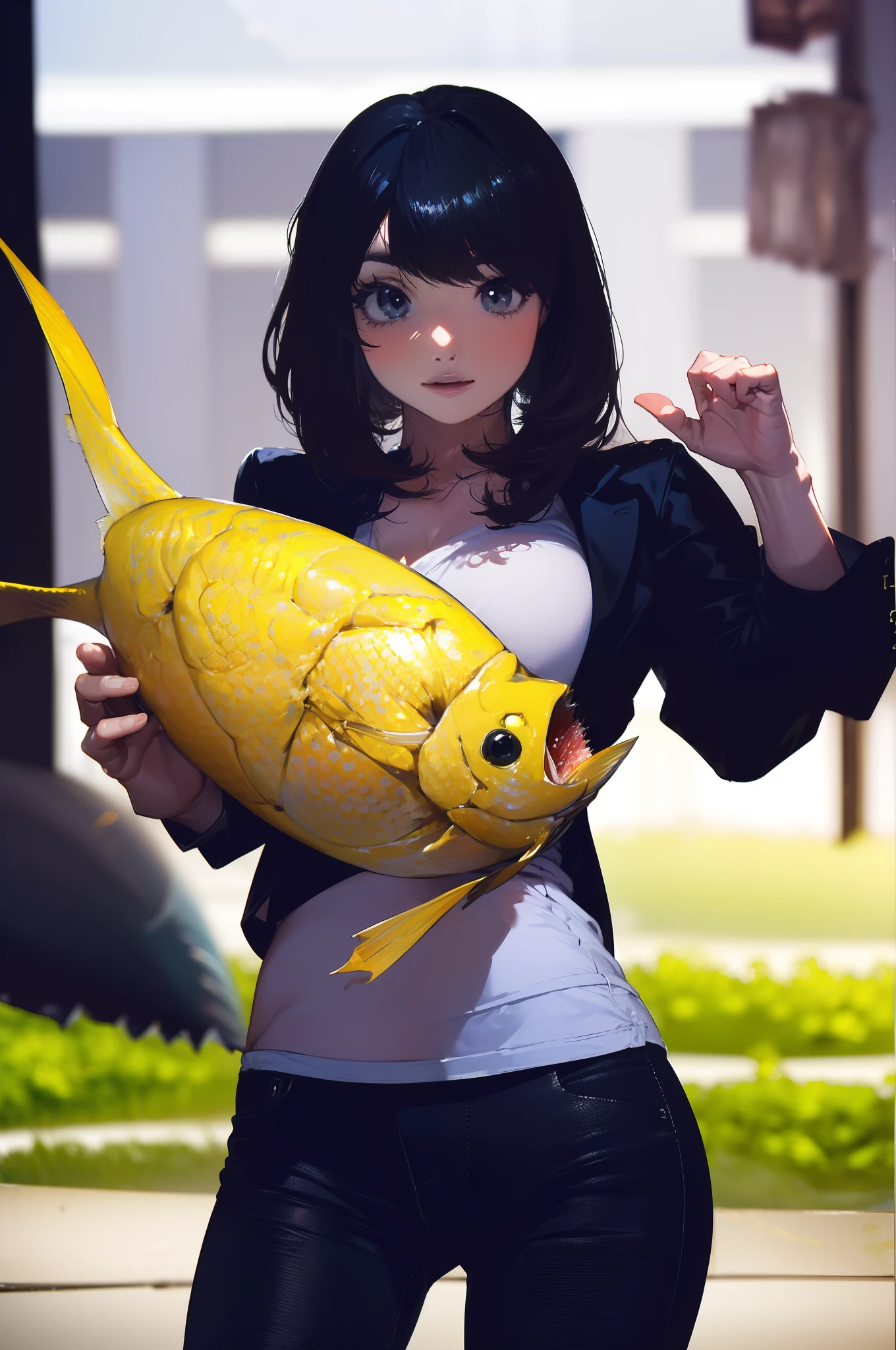 ((((catching a big fish by the lakeside:1.5)))),((Female 28 years old)),((Best Quality:1.5)),(((Hands with the correct number and structure of fingers:1.4))),((Big fish:1.37)),hight resolution,ultra-detailliert,masterpiece,best qualtiy,(Eight-headed body),Black hair, long eyes-lashes, Solid Circle Eyes, drop shadow, Atmospheric perspective,Super Detail, ccurate, middle brest,(Black jacket and black jeans :1.1),top-quality, blurry backround, bokeh dof:1.2, (masterpiece:1.3), Atmospheric perspective,Super Detail,dynamic compositions,