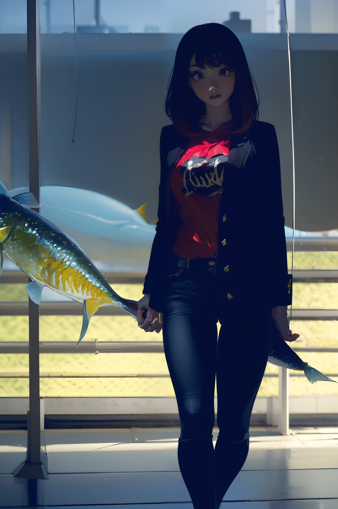 ((((catching a big fish by the lakeside:1.5)))),((Female 28 years old)),((Best Quality:1.5)),(((Hands with the correct number and structure of fingers:1.4))),((Big fish:1.37)),hight resolution,ultra-detailliert,masterpiece,best qualtiy,(Eight-headed body),Black hair, long eyes-lashes, Solid Circle Eyes, drop shadow, Atmospheric perspective,Super Detail, ccurate, middle brest,(Black jacket and black jeans :1.1),top-quality, blurry backround, bokeh dof:1.2, (masterpiece:1.3), Atmospheric perspective,Super Detail,dynamic compositions,
