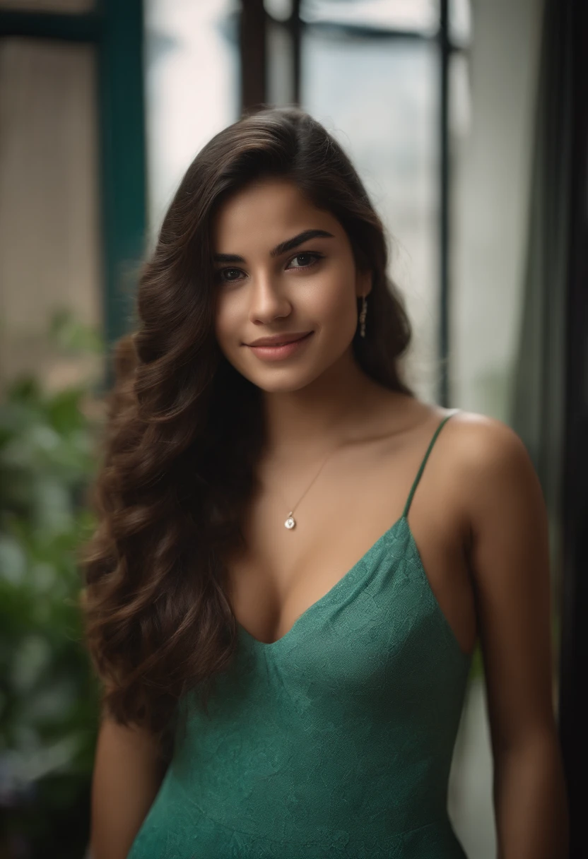 Please describe in detail a high-quality image of a 19-year-old Latina girl living in Bogotá. In the image, the girl wears a smiling and authentic expression in her room. His green eyes shine with a special charm. She wears an outfit that highlights her curves, including a neckline that highlights her generous breasts. Her long, silky hair falls elegantly to her shoulders. The image captures the beauty and confidence of this young woman in her personal environment in Bogotá