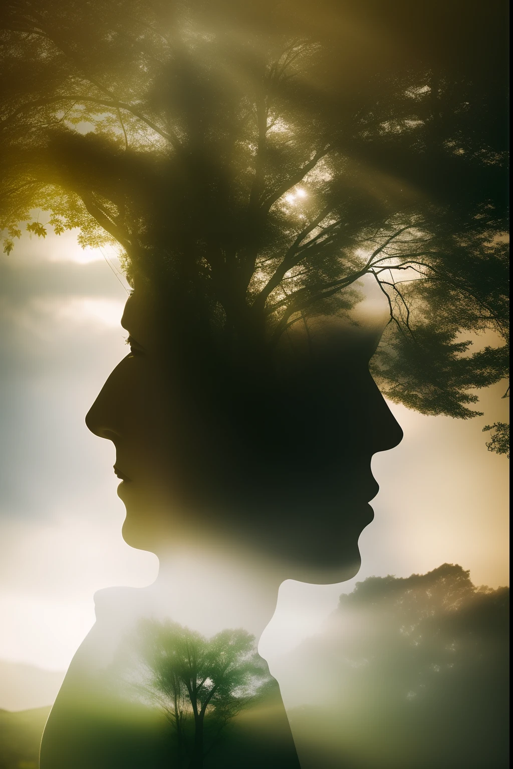 Create a compelling double exposure photograph that seamlessly merges the presence of a man and the wonders of nature. Capture the harmony between the human form and the natural world, using light and shadow to accentuate their connection and create a visually striking narrative.
