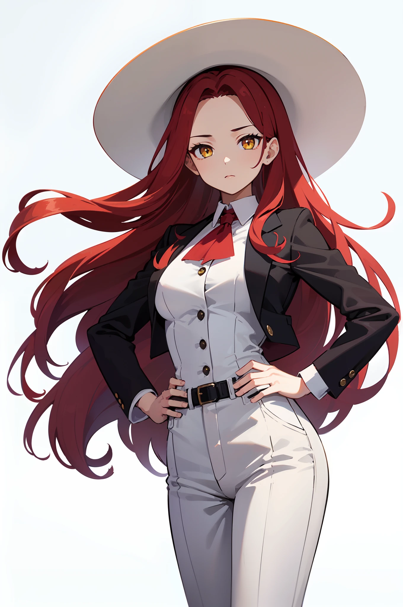 masterpiece, best quality, 1girl, solo, looking at viewer, scarlet red hair, ((long hair, forehead)), yellow eyes, medium breasts, neutral, ((wide sunhat)), hands on hips, black cropped jacket, white shirt, button shirt, suit, suit pants, black pants, white background, simple background, transparent background, standing, upper body, portrait