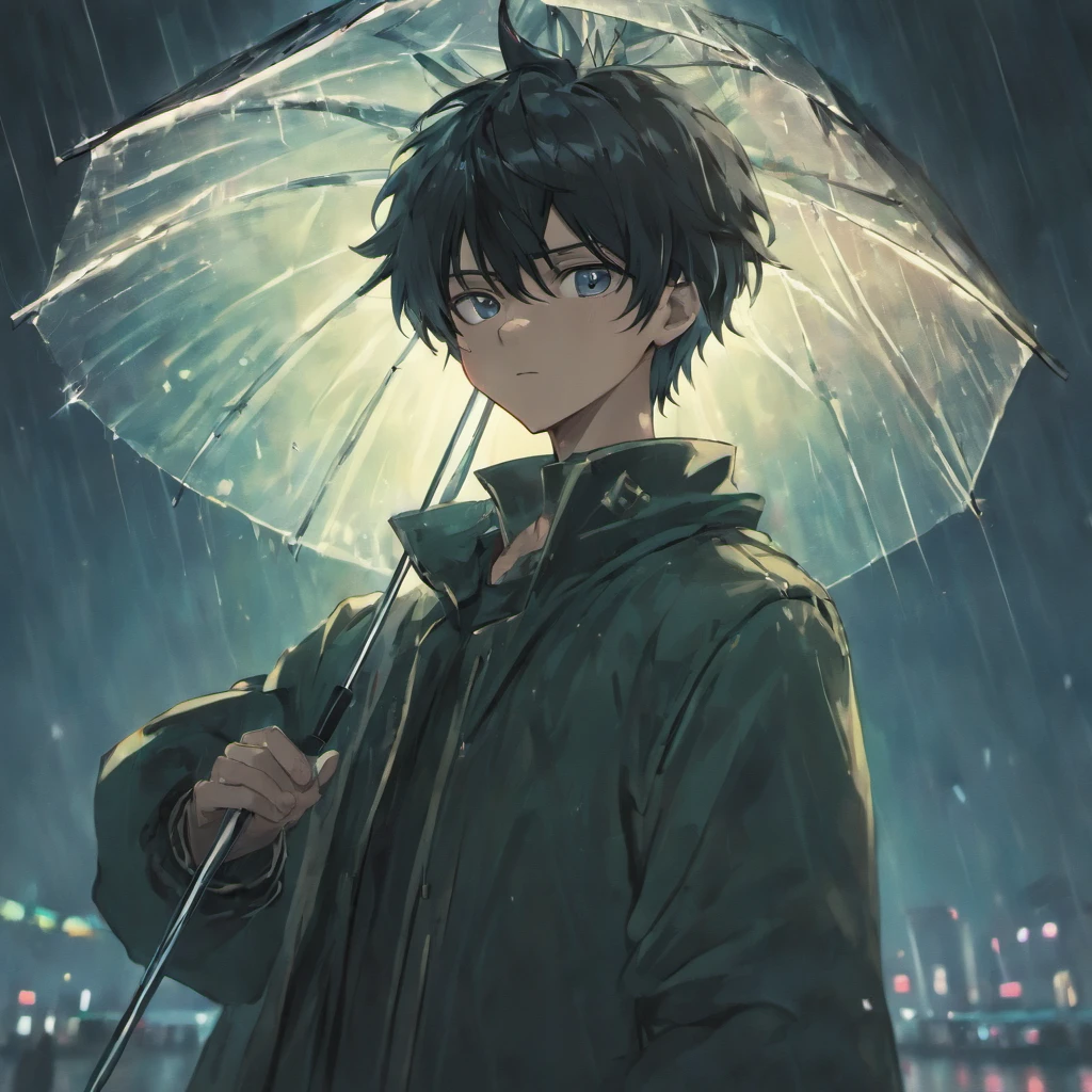 black haired, male, masked, holding umbrella, light black eyes, light rain background