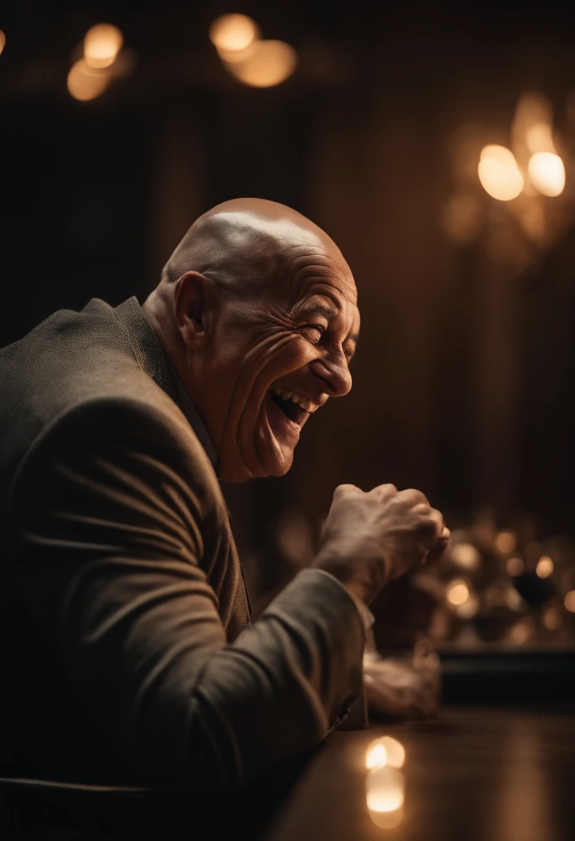 a portrait of a laughing, toxic, muscle, god, elder, (hdr:1.28), bald, hyperdetailed, cinematic, warm lights, intricate details, hyperrealistic, dark radial background, (muted colors:1.38), (neutral colors:1.2)