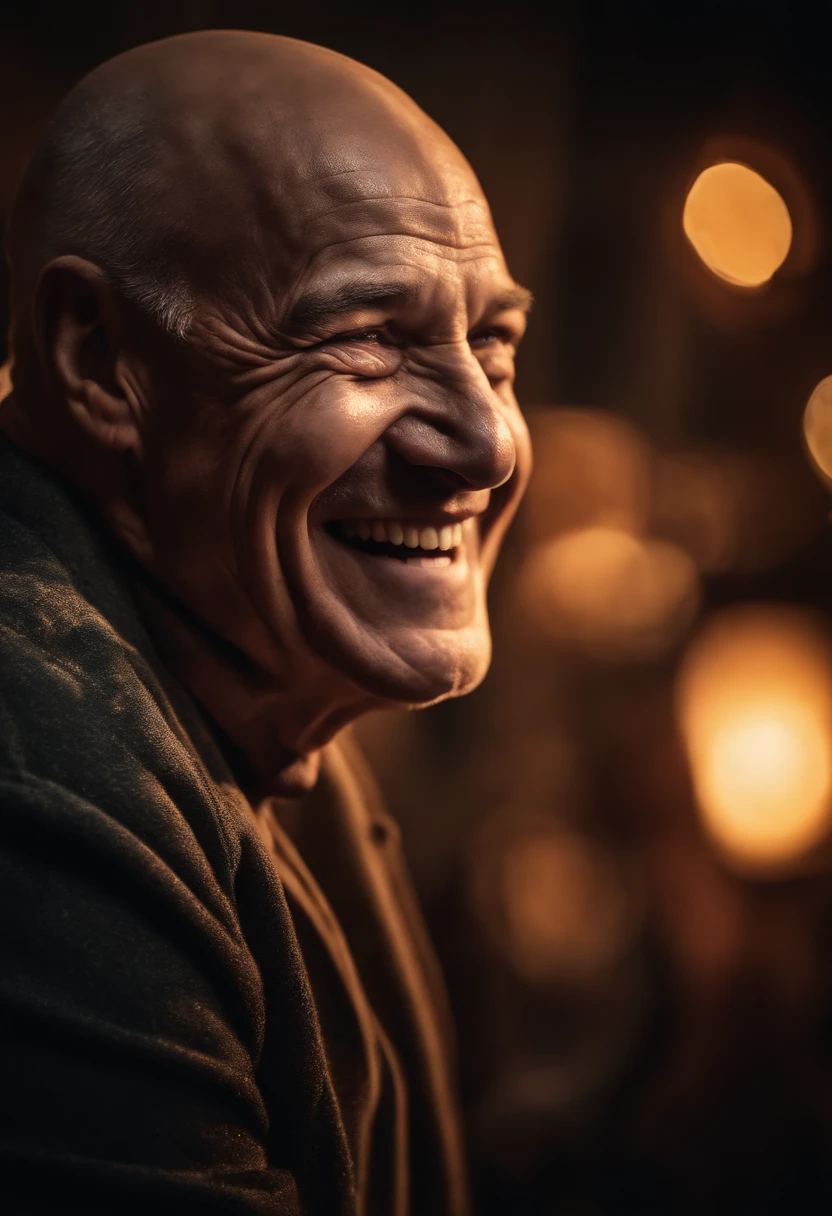 a portrait of a laughing, toxic, muscle, god, elder, (hdr:1.28), bald, hyperdetailed, cinematic, warm lights, intricate details, hyperrealistic, dark radial background, (muted colors:1.38), (neutral colors:1.2)